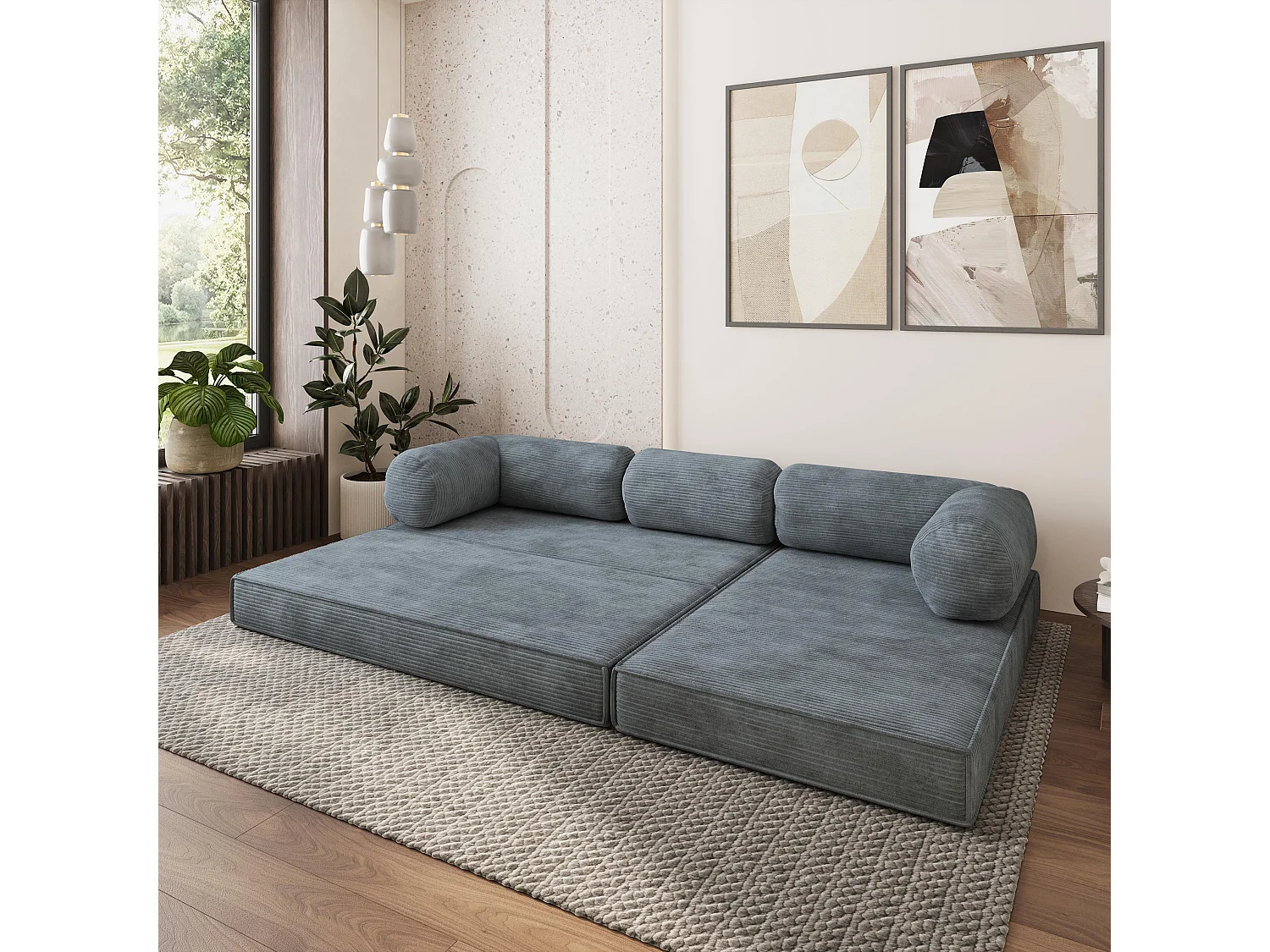 Canapé convertible compressé ETERA, sans cadre métallique, velours côtelé POSO Gris