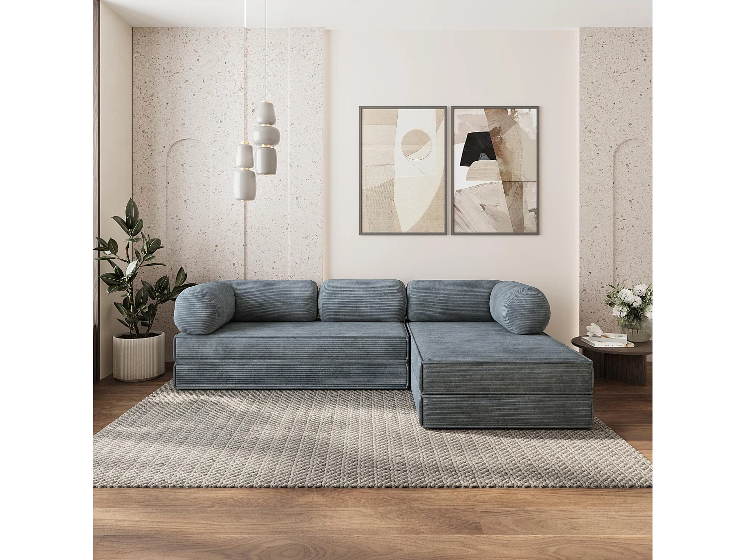 Canapé convertible compressé ETERA, sans cadre métallique, velours côtelé POSO Gris