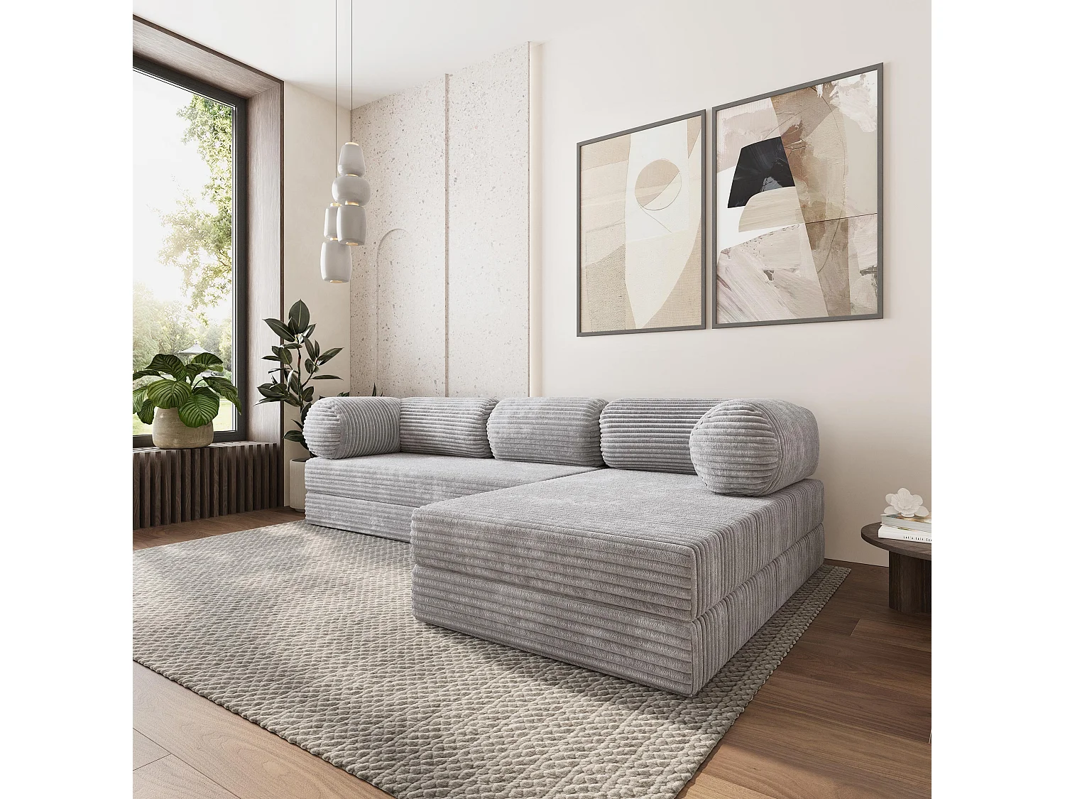 Canapé convertible compressé ETERA, sans cadre métallique, velours côtelé TILIA Gris clair