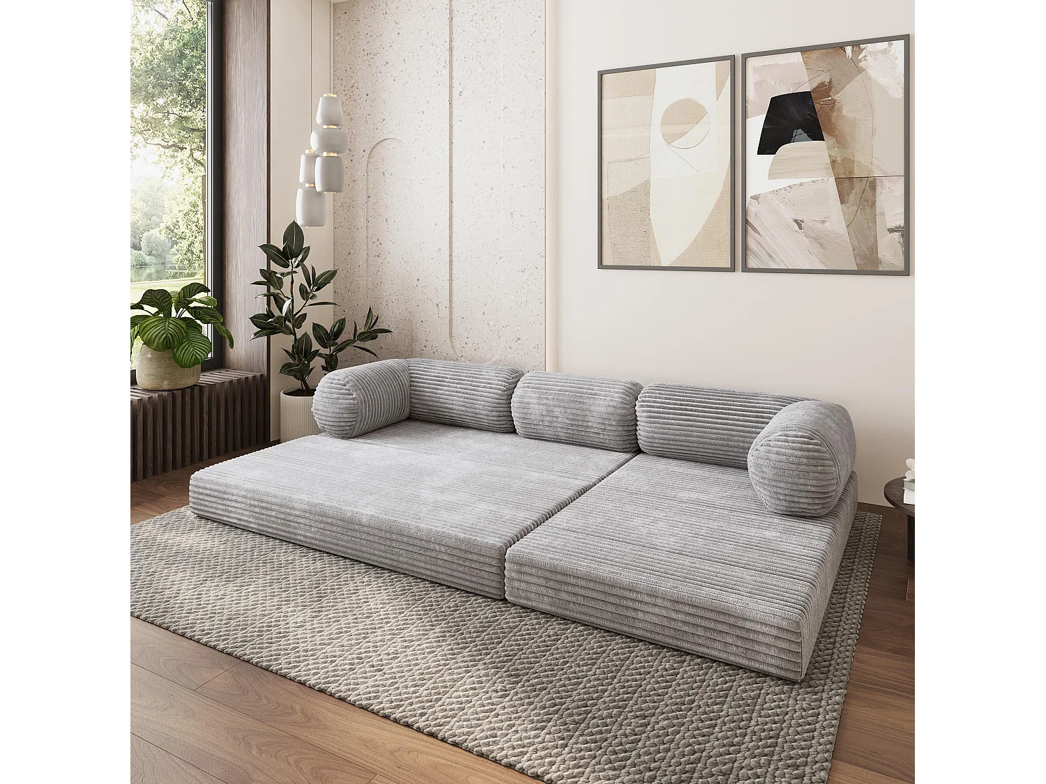 Canapé convertible compressé ETERA, sans cadre métallique, velours côtelé TILIA Gris clair