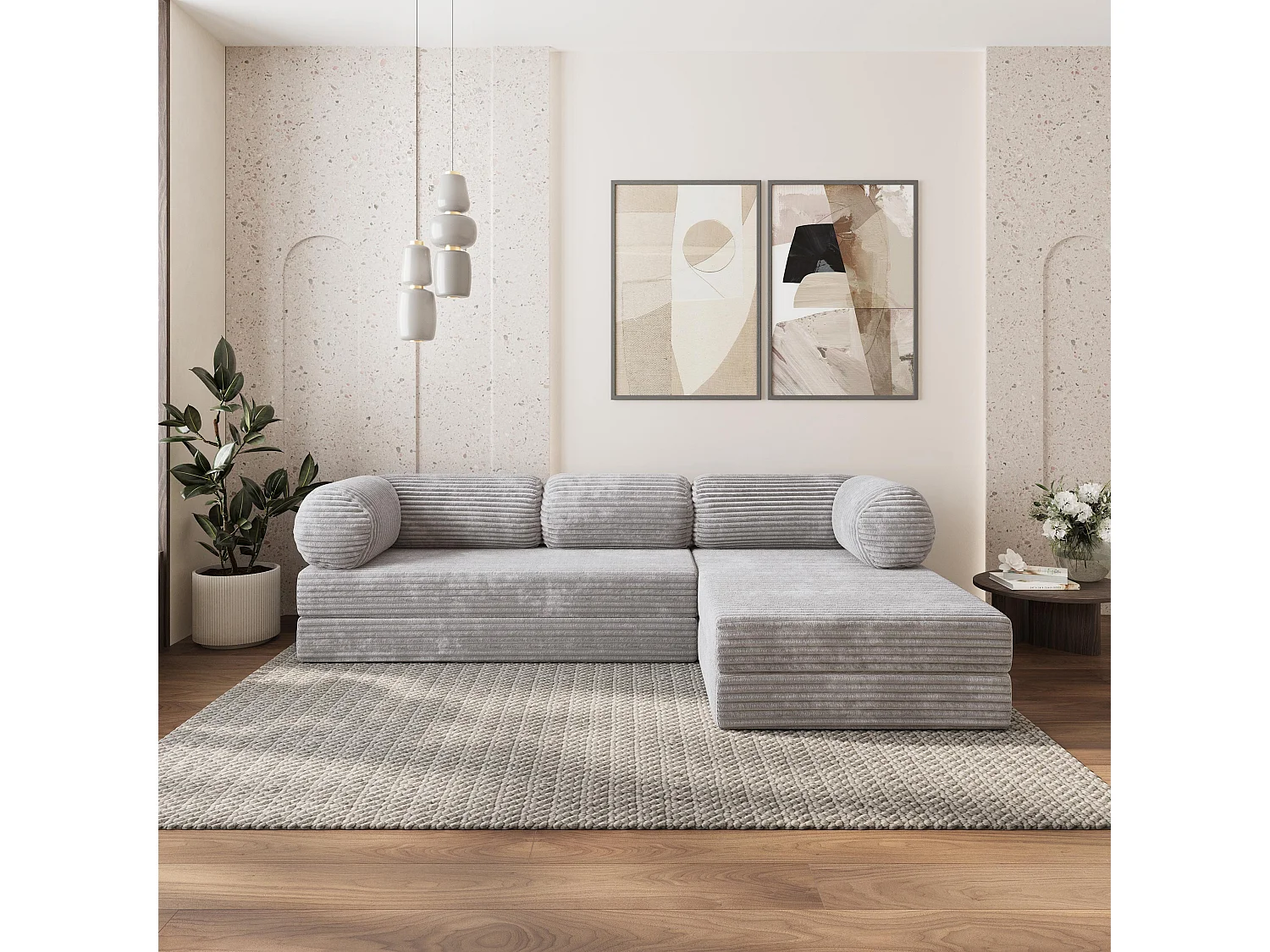 Canapé convertible compressé ETERA, sans cadre métallique, velours côtelé TILIA Gris clair