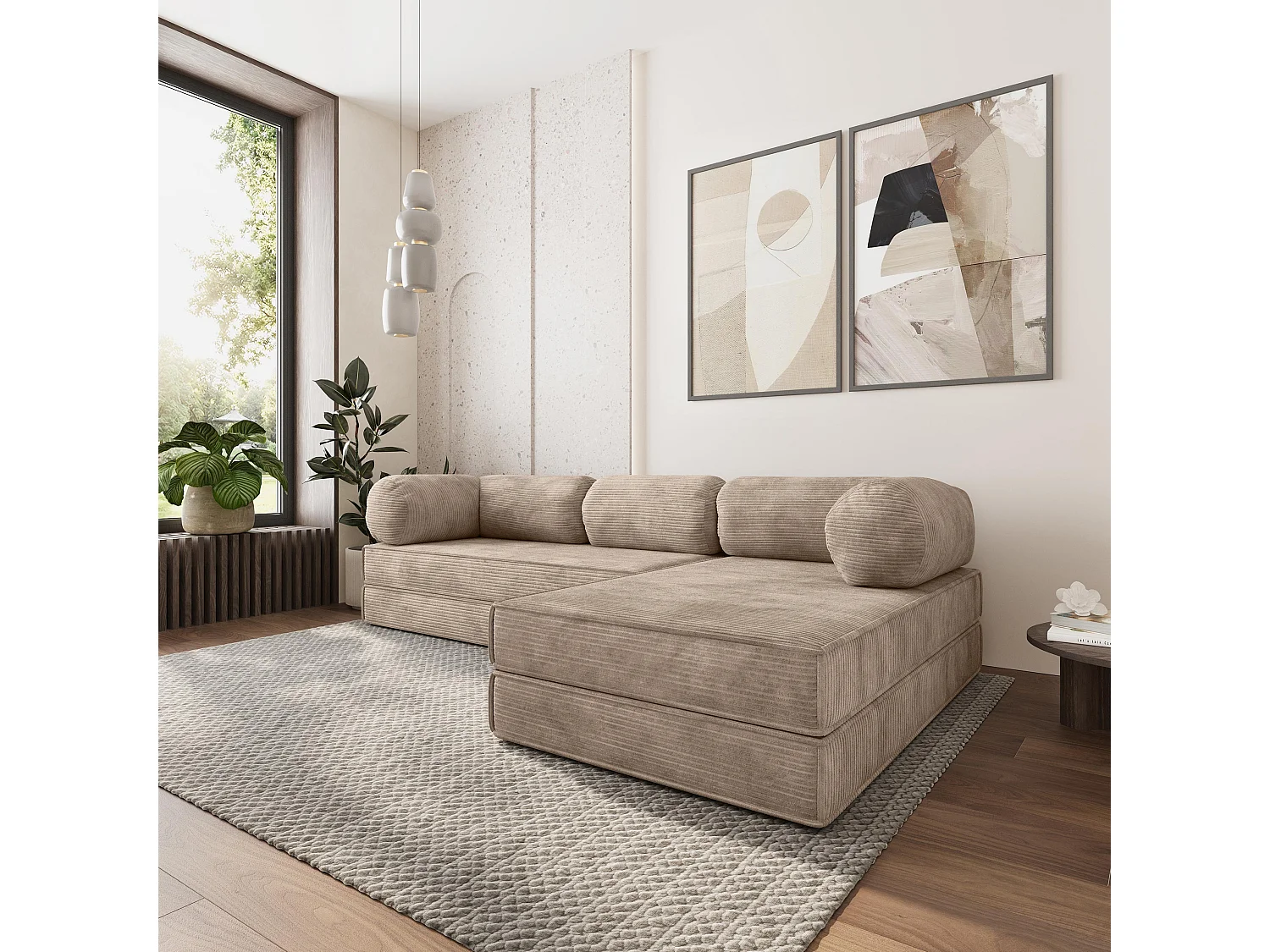 Canapé convertible compressé ETERA, sans cadre métallique, velours côtelé POSO Beige
