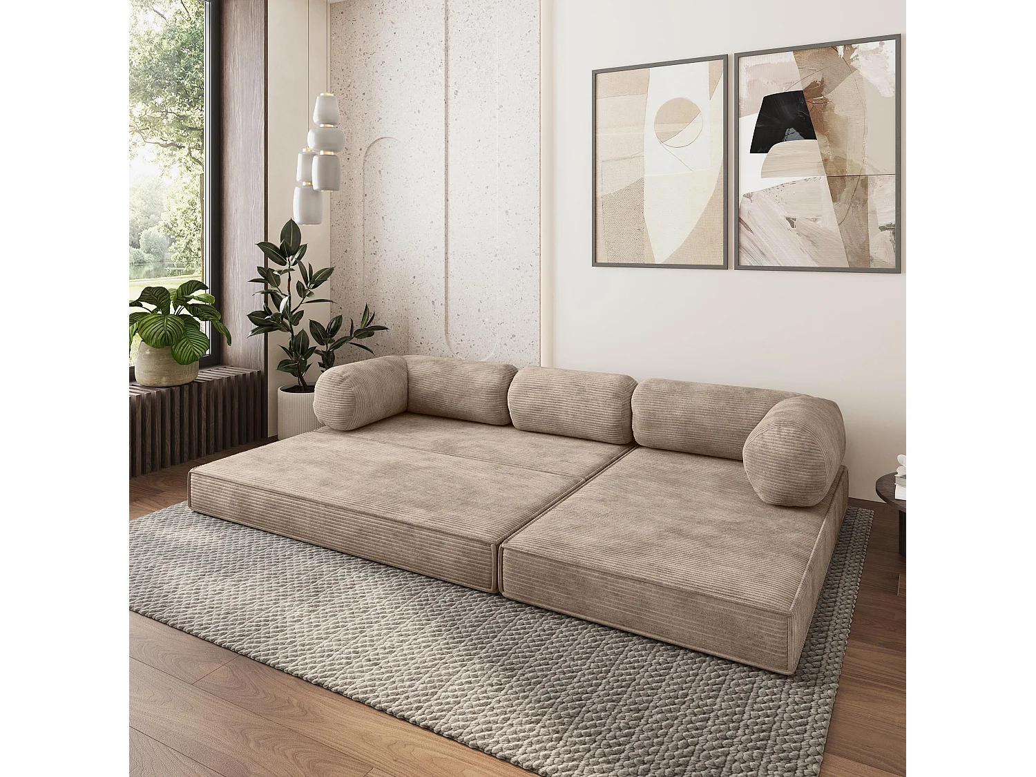 Canapé convertible compressé ETERA, sans cadre métallique, velours côtelé POSO Beige