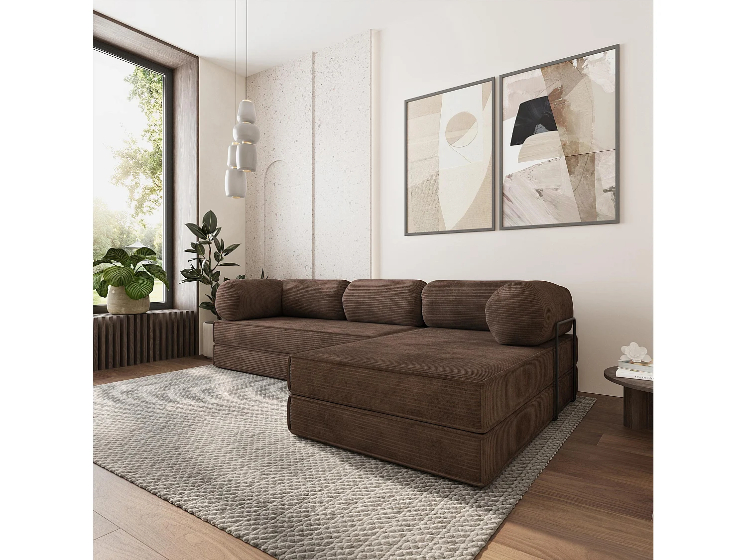 Canapé convertible compressé ETERA, avec cadre métallique, velours côtelé POSO Marron