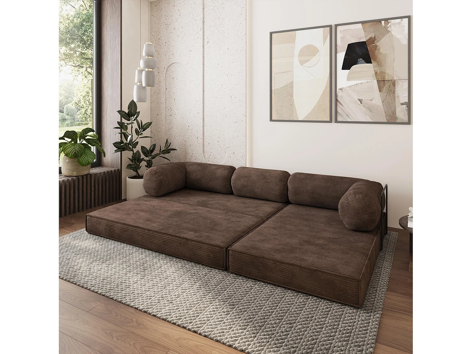 Canapé convertible compressé ETERA, avec cadre métallique, velours côtelé POSO Marron