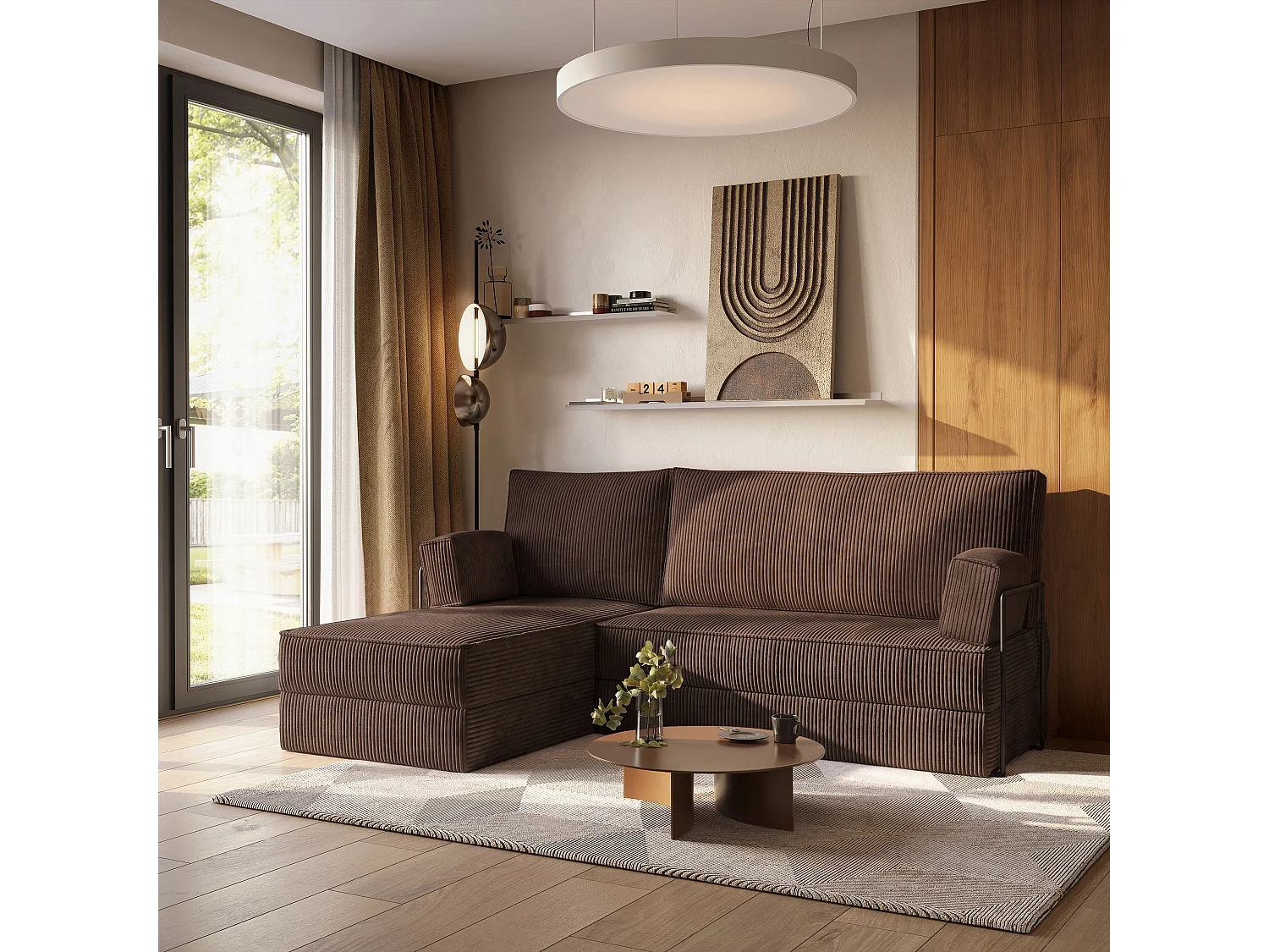 Canapé convertible compressé NOTIA, avec cadre métallique, velours côtelé POSO Marron