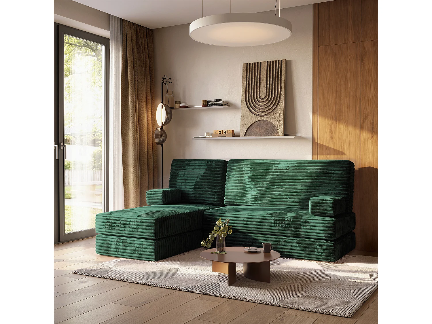 Canapé convertible compressé NOTIA, sans cadre métallique, velours côtelé TILIA Vert Sapin