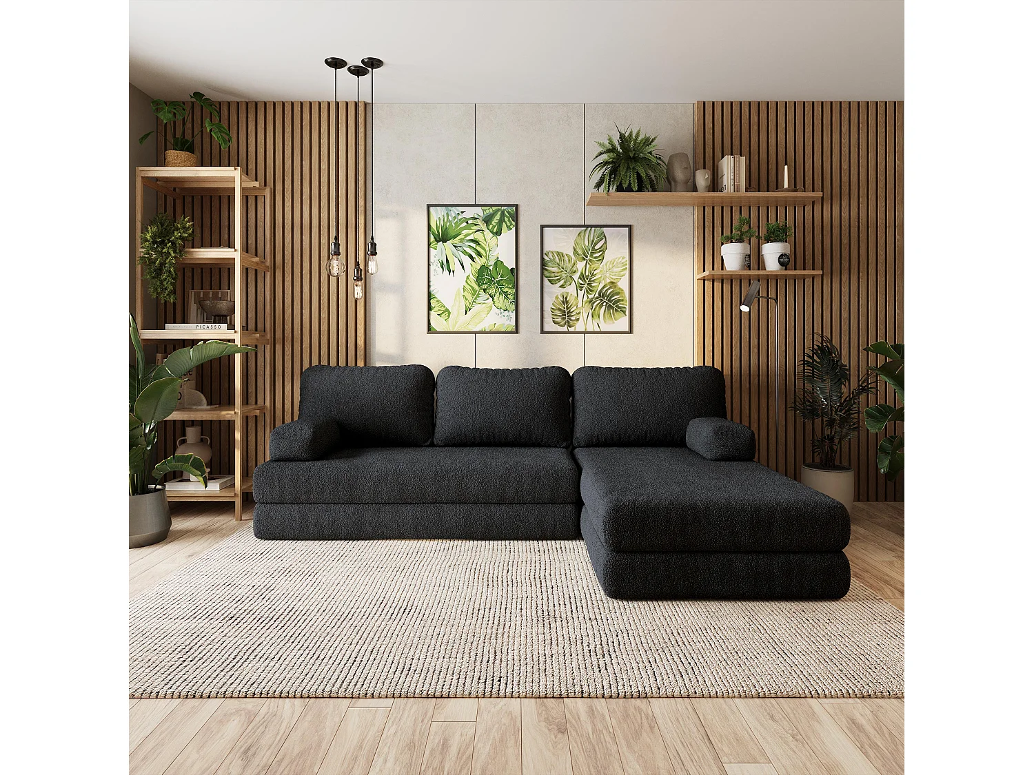 Canapé convertible compressé LEA, sans cadre métallique, bouclé Noir