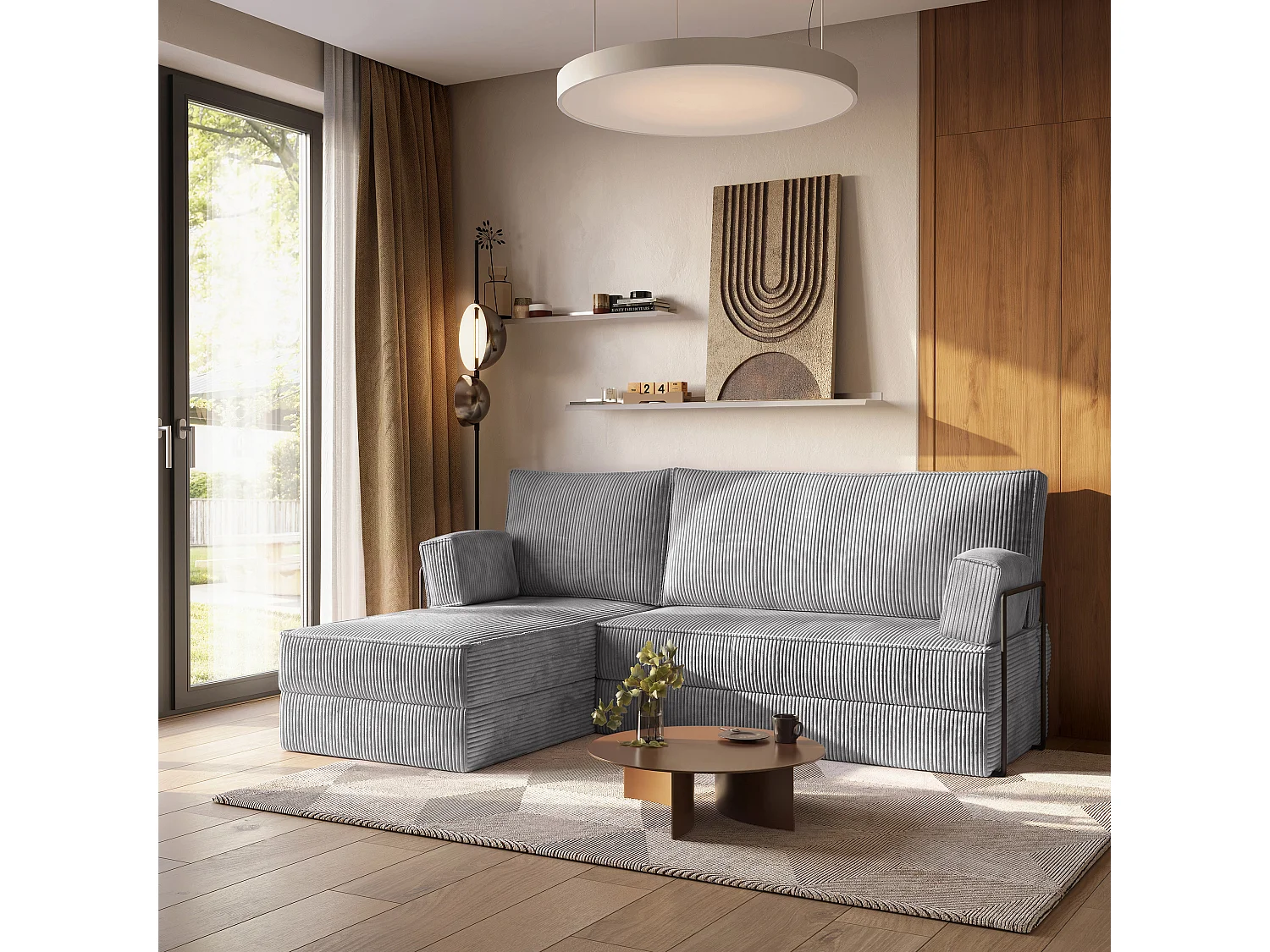 Canapé convertible compressé NOTIA, avec cadre métallique, velours côtelé POSO Gris clair