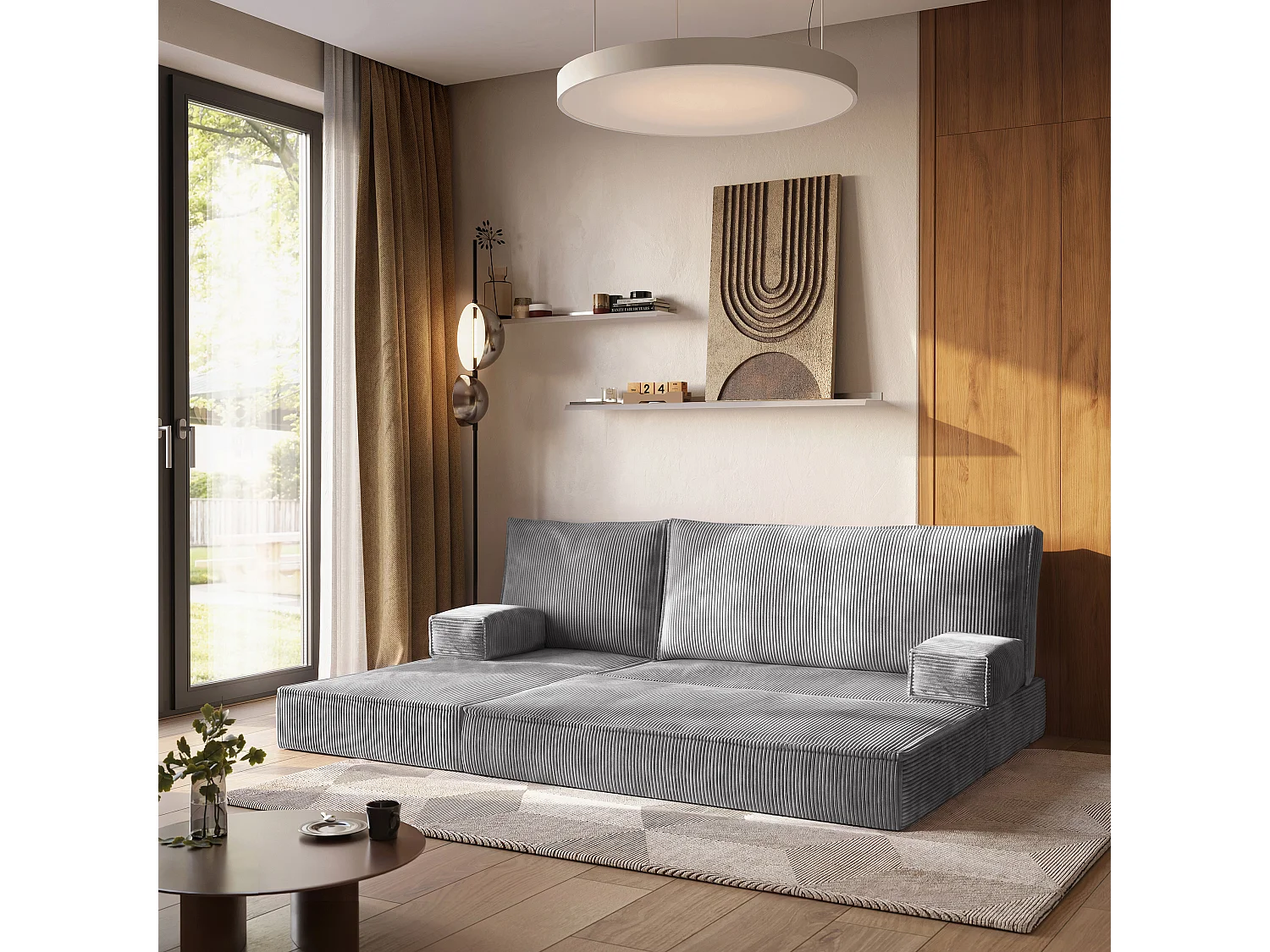 Canapé convertible compressé NOTIA, avec cadre métallique, velours côtelé POSO Gris clair