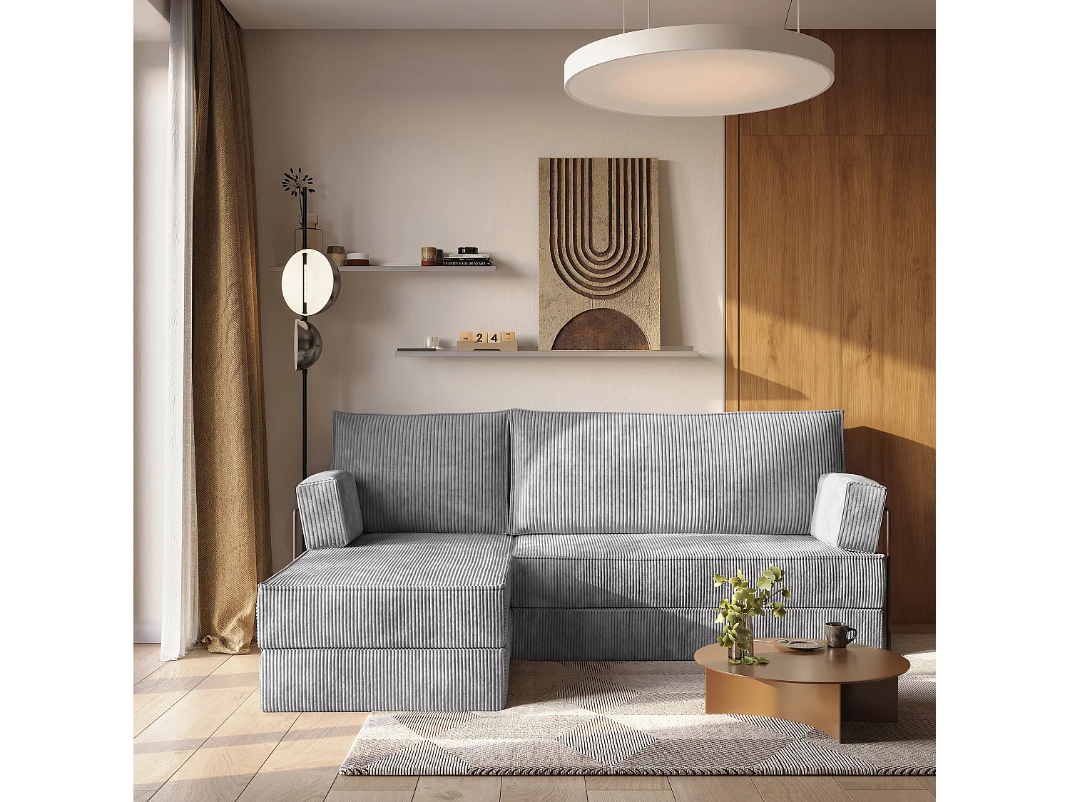 Canapé convertible compressé NOTIA, avec cadre métallique, velours côtelé POSO Gris clair