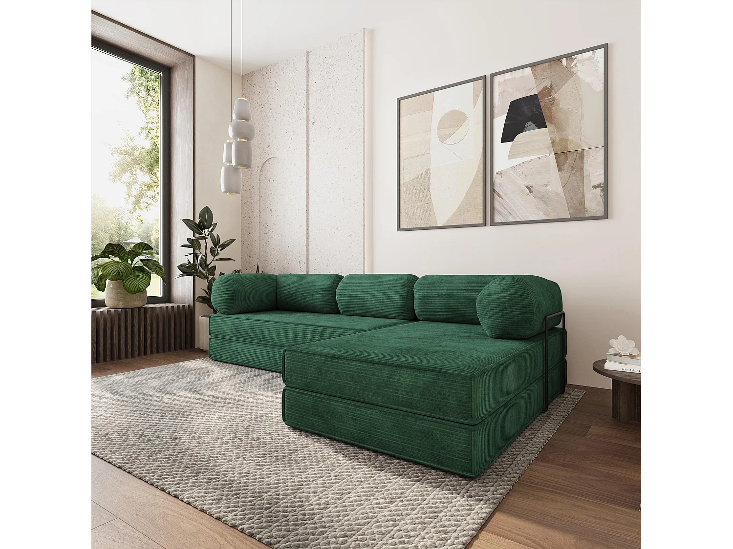 Canapé convertible compressé ETERA, avec cadre métallique, velours côtelé POSO Vert