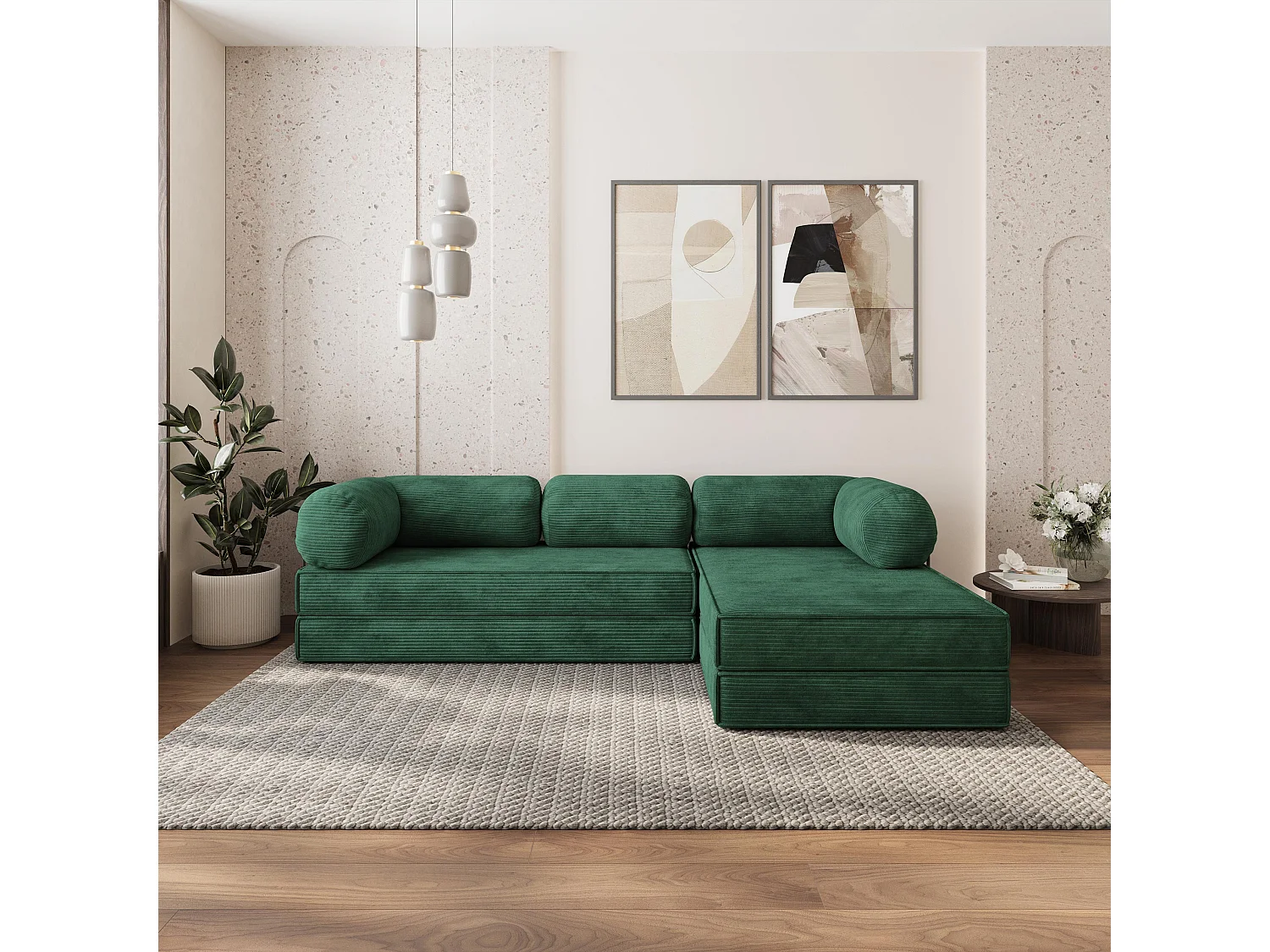 Canapé convertible compressé ETERA, avec cadre métallique, velours côtelé POSO Vert