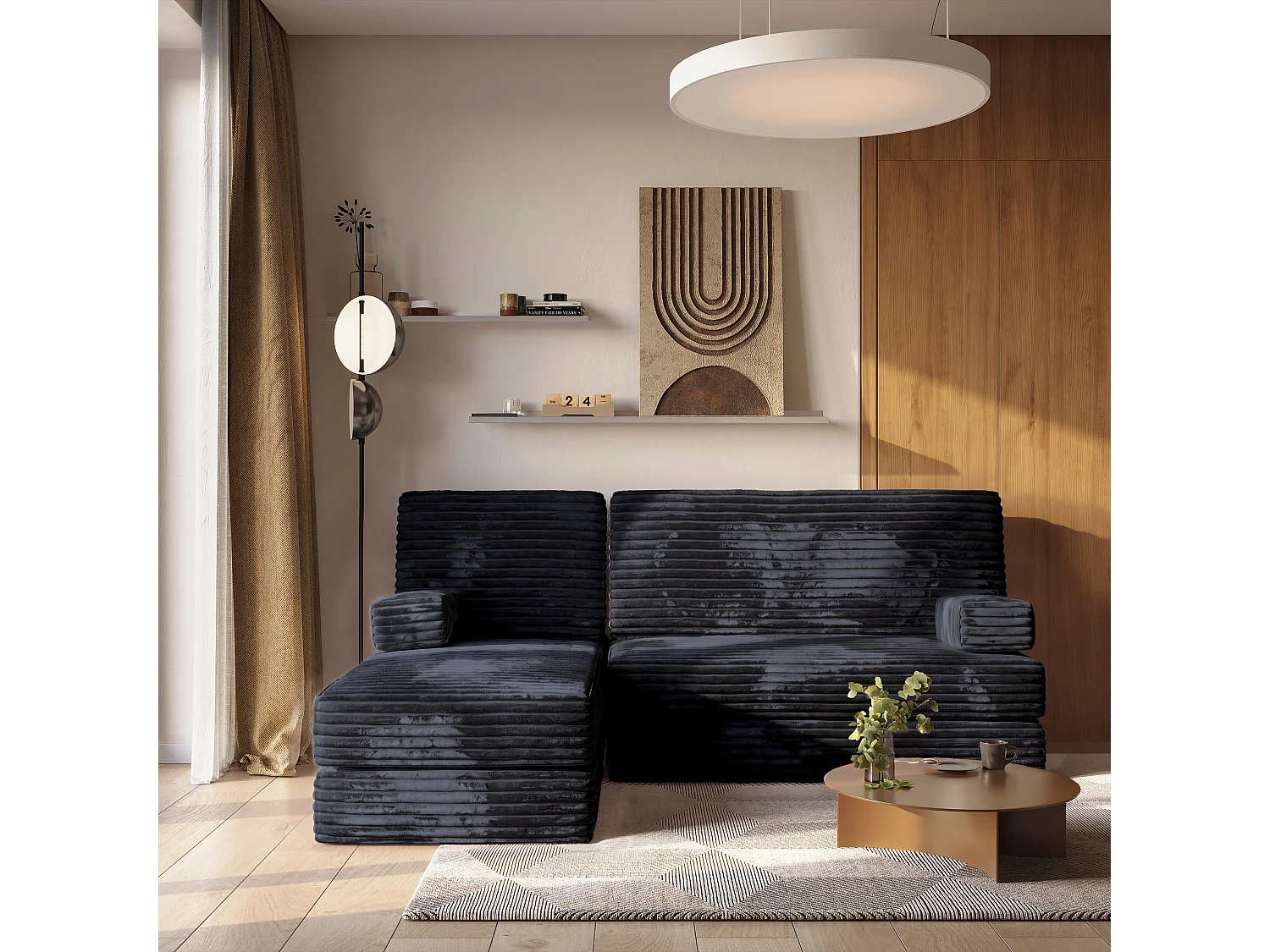 Canapé convertible compressé NOTIA, sans cadre métallique, velours côtelé TILIA Noir