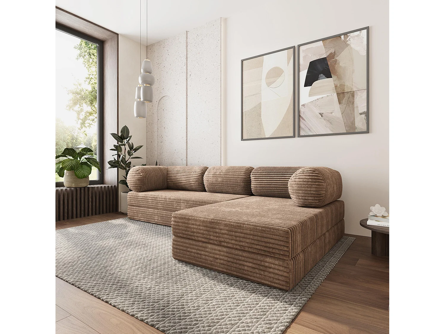 Canapé convertible compressé ETERA, sans cadre métallique, velours côtelé TILIA Beige