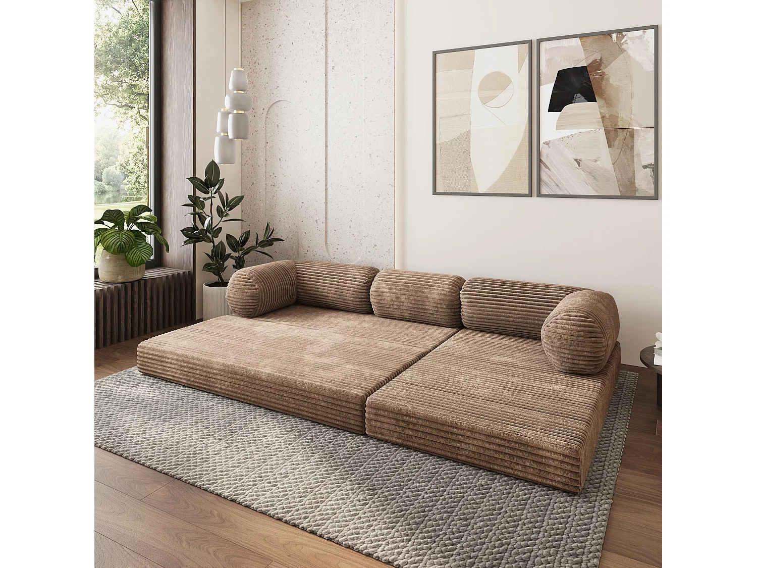 Canapé convertible compressé ETERA, sans cadre métallique, velours côtelé TILIA Beige
