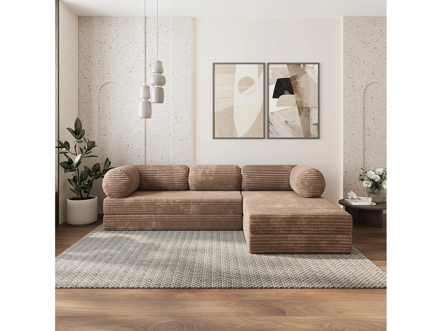 Canapé convertible compressé ETERA, sans cadre métallique, velours côtelé TILIA Beige