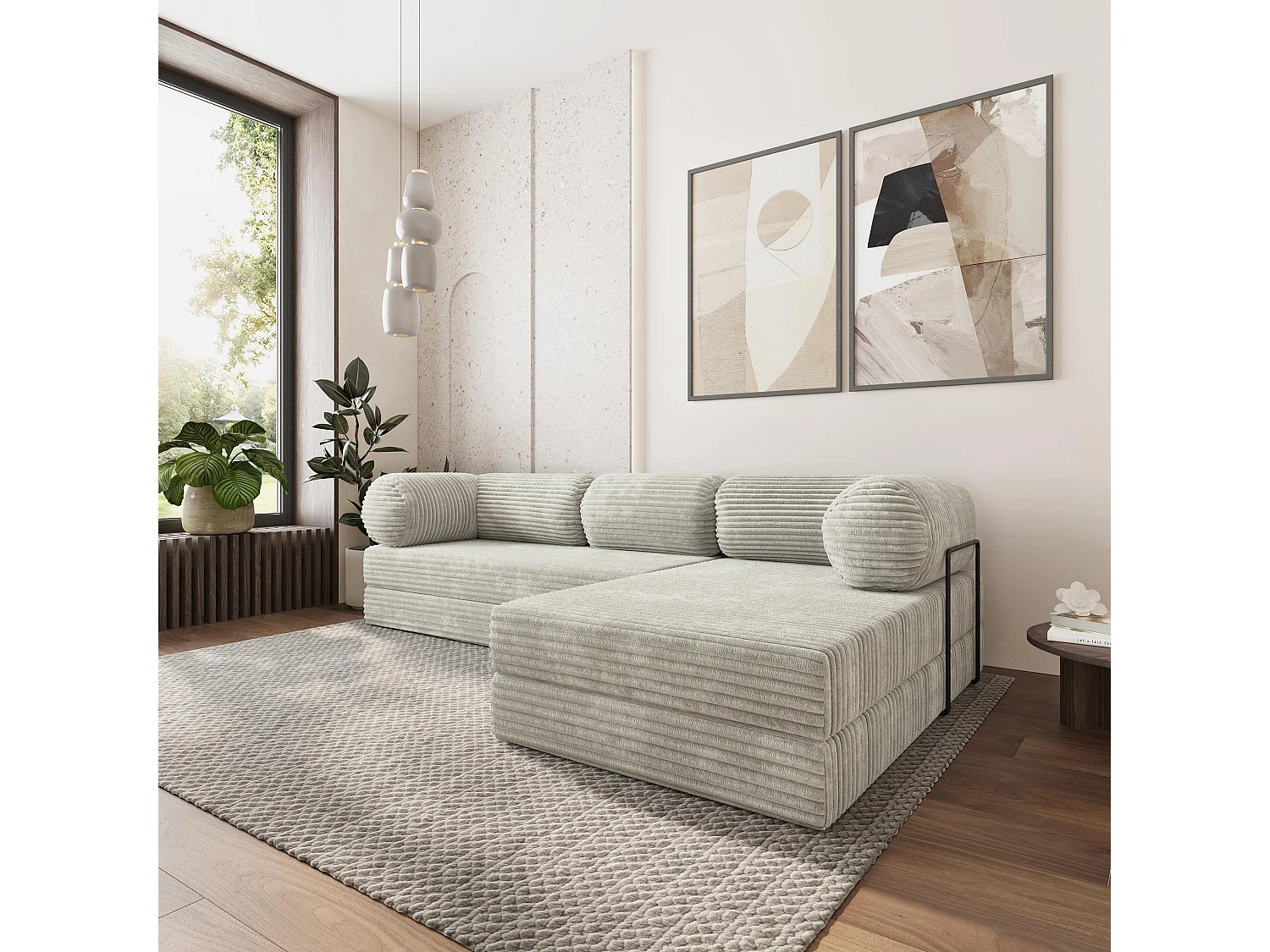 Canapé convertible compressé ETERA, avec cadre métallique, velours côtelé TILIA Gris clair