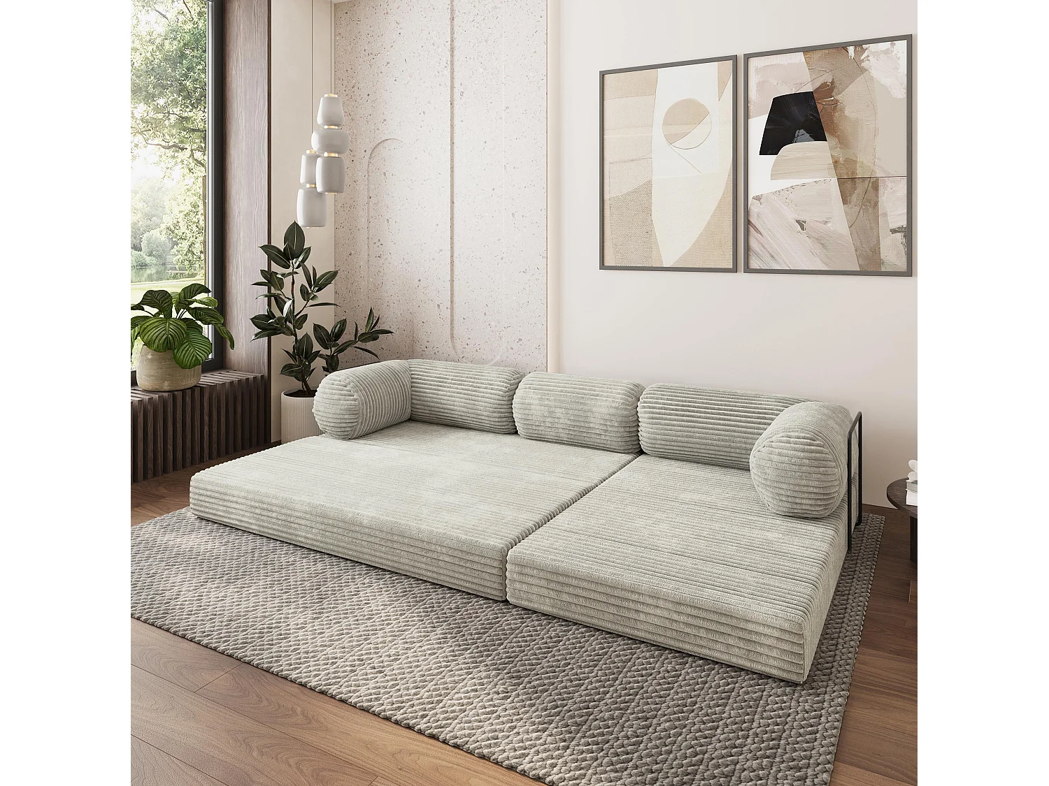 Canapé convertible compressé ETERA, avec cadre métallique, velours côtelé TILIA Gris clair