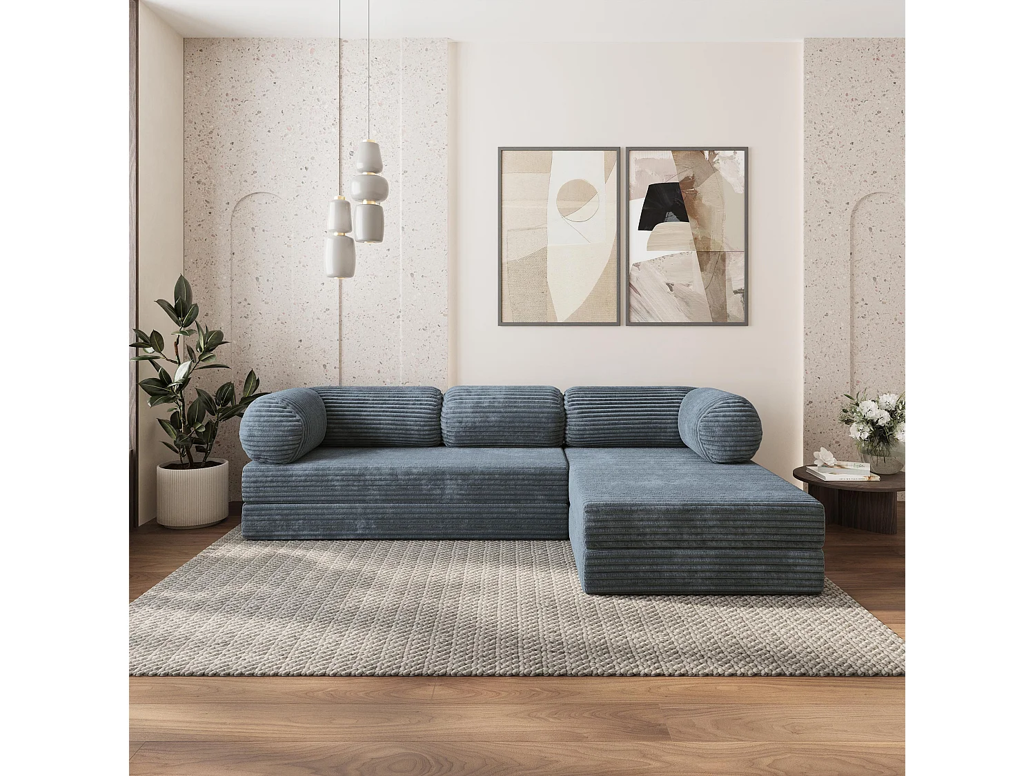 Canapé convertible compressé ETERA, sans cadre métallique, velours côtelé TILIA Gris