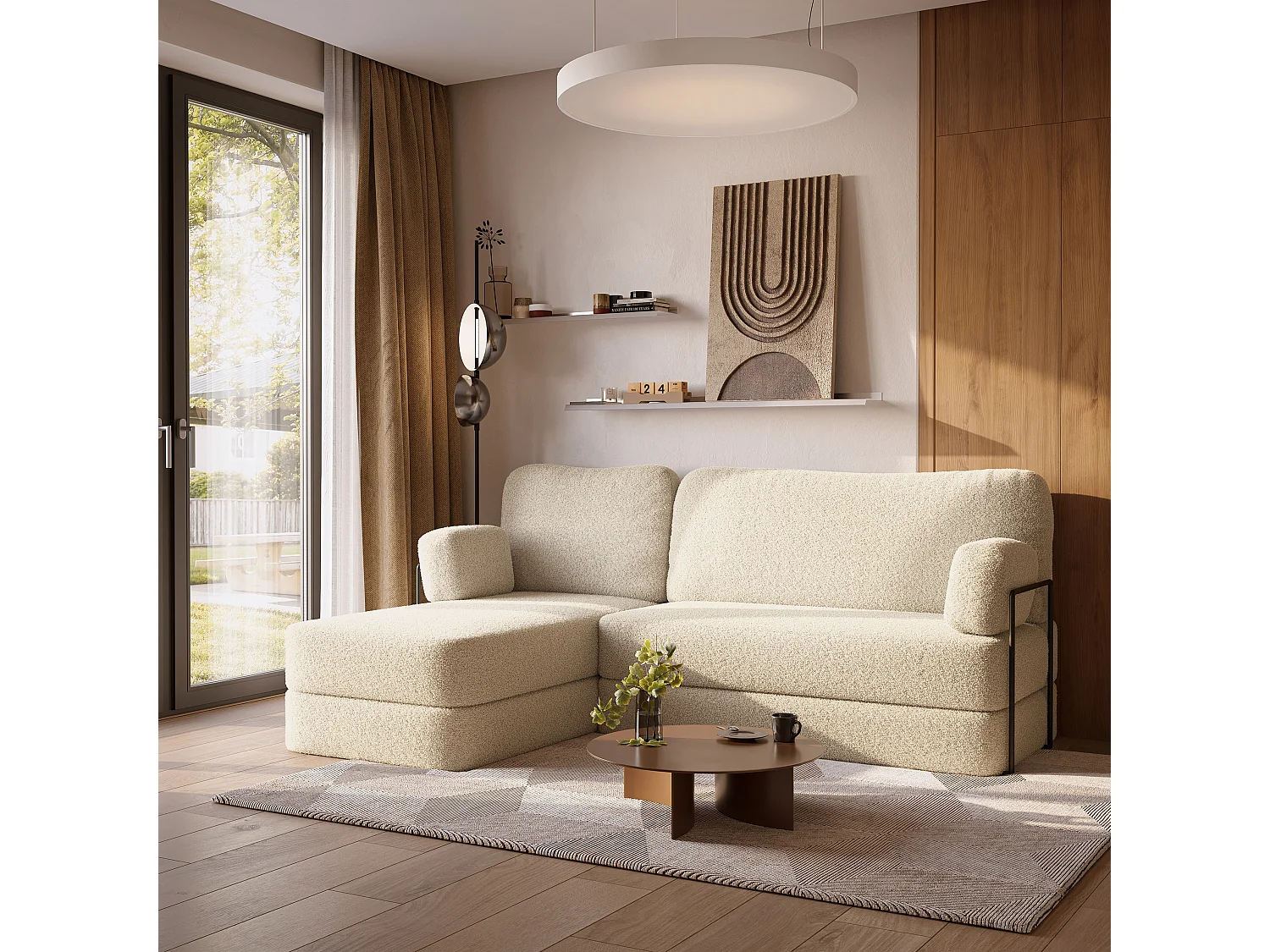 Canapé convertible compressé SABI, avec cadre métallique, bouclé Crème