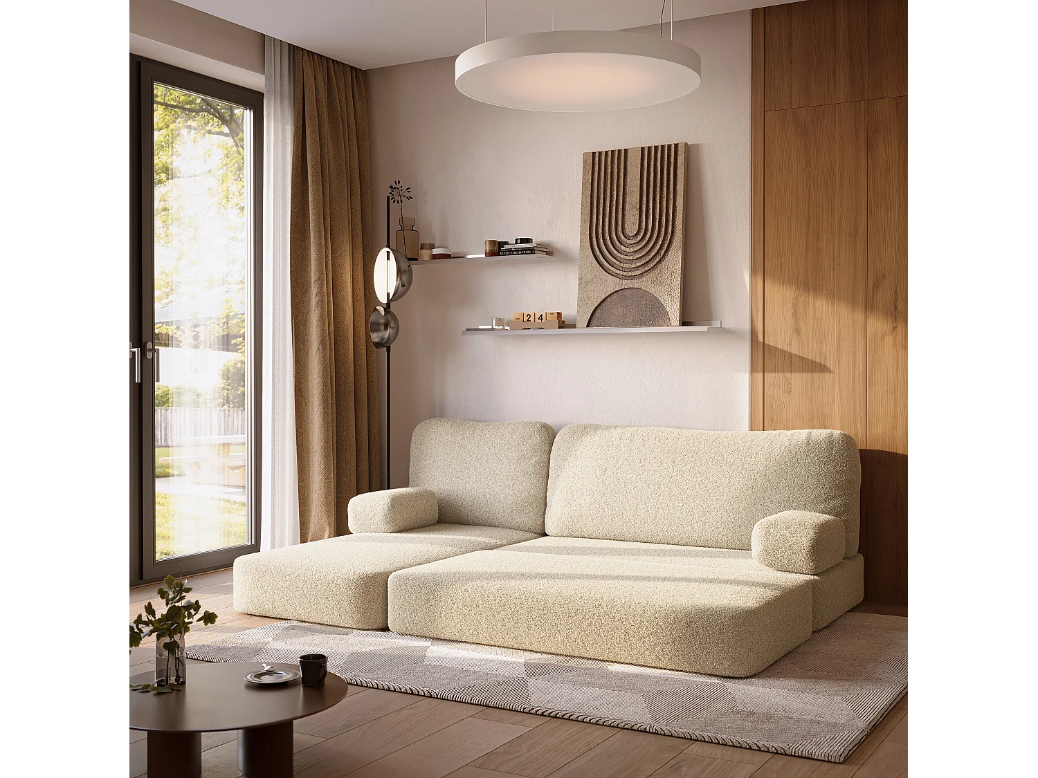 Canapé convertible compressé SABI, avec cadre métallique, bouclé Crème