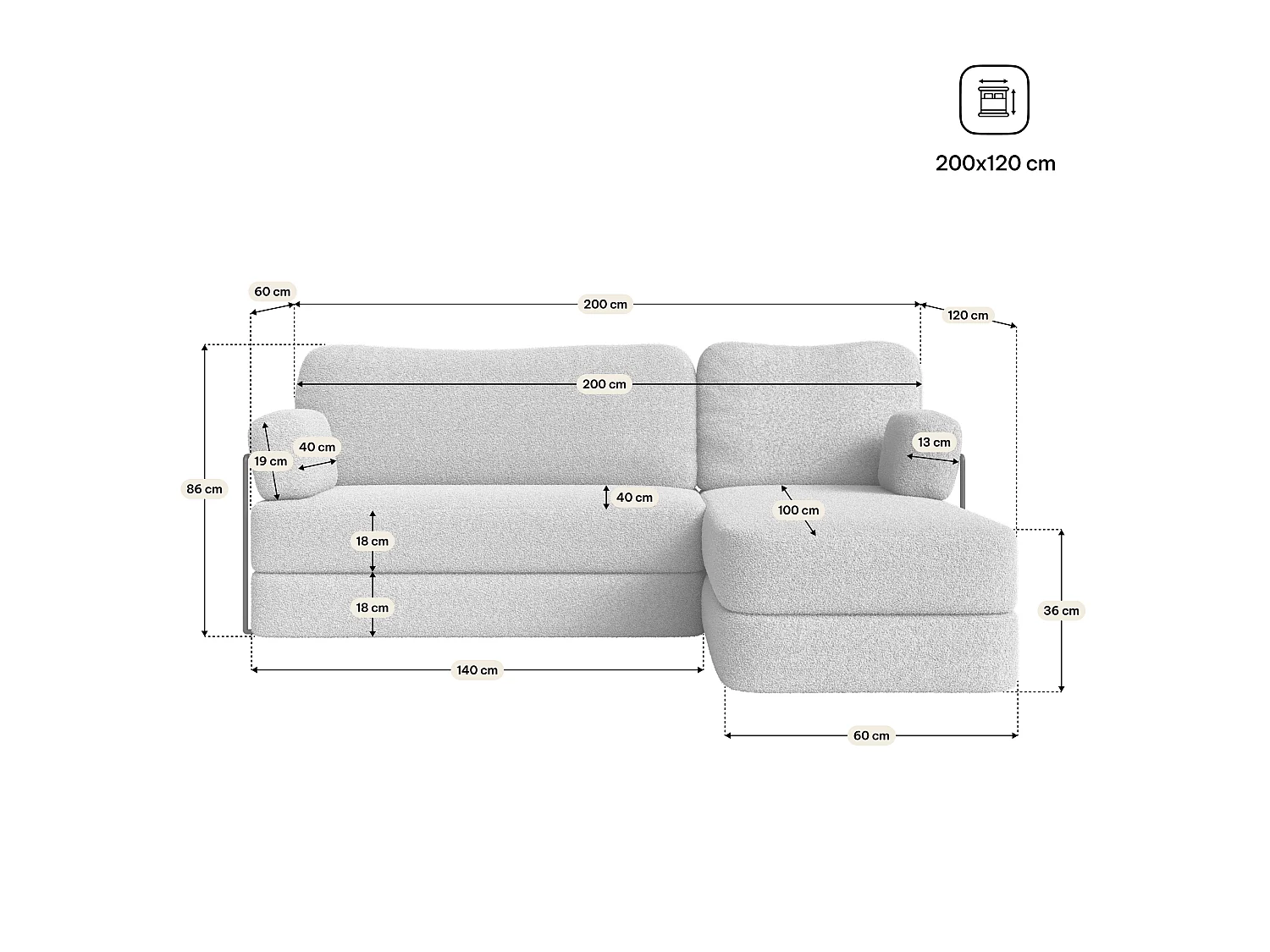 Canapé convertible compressé SABI, avec cadre métallique, bouclé Crème