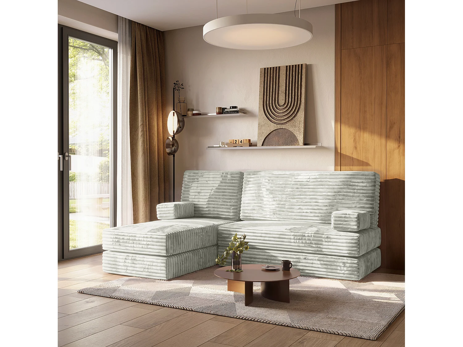 Canapé convertible compressé NOTIA, sans cadre métallique, velours côtelé TILIA Gris clair