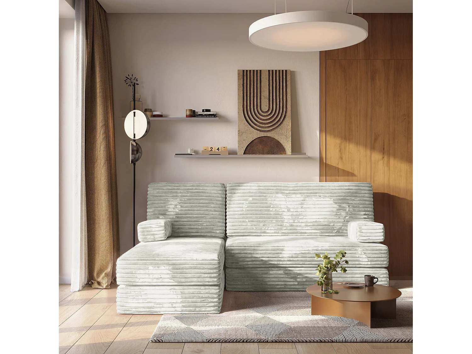 Canapé convertible compressé NOTIA, sans cadre métallique, velours côtelé TILIA Gris clair