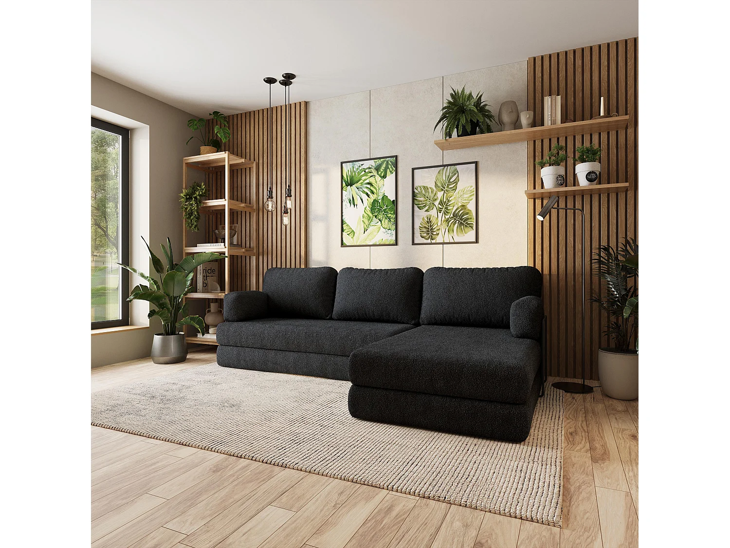 Canapé convertible compressé LEA, avec cadre métallique, bouclé Noir