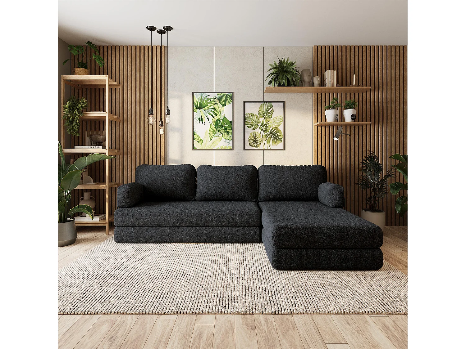 Canapé convertible compressé LEA, avec cadre métallique, bouclé Noir