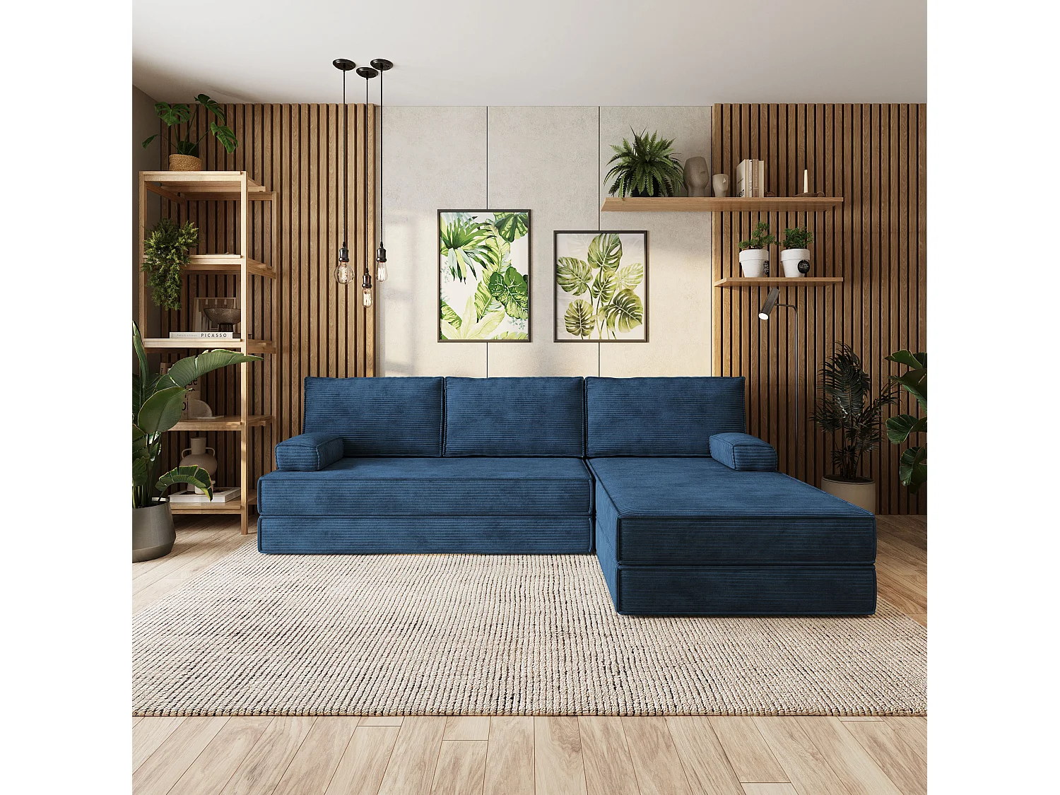 Canapé convertible compressé ANKO, sans cadre métallique, velours côtelé POSO Bleu