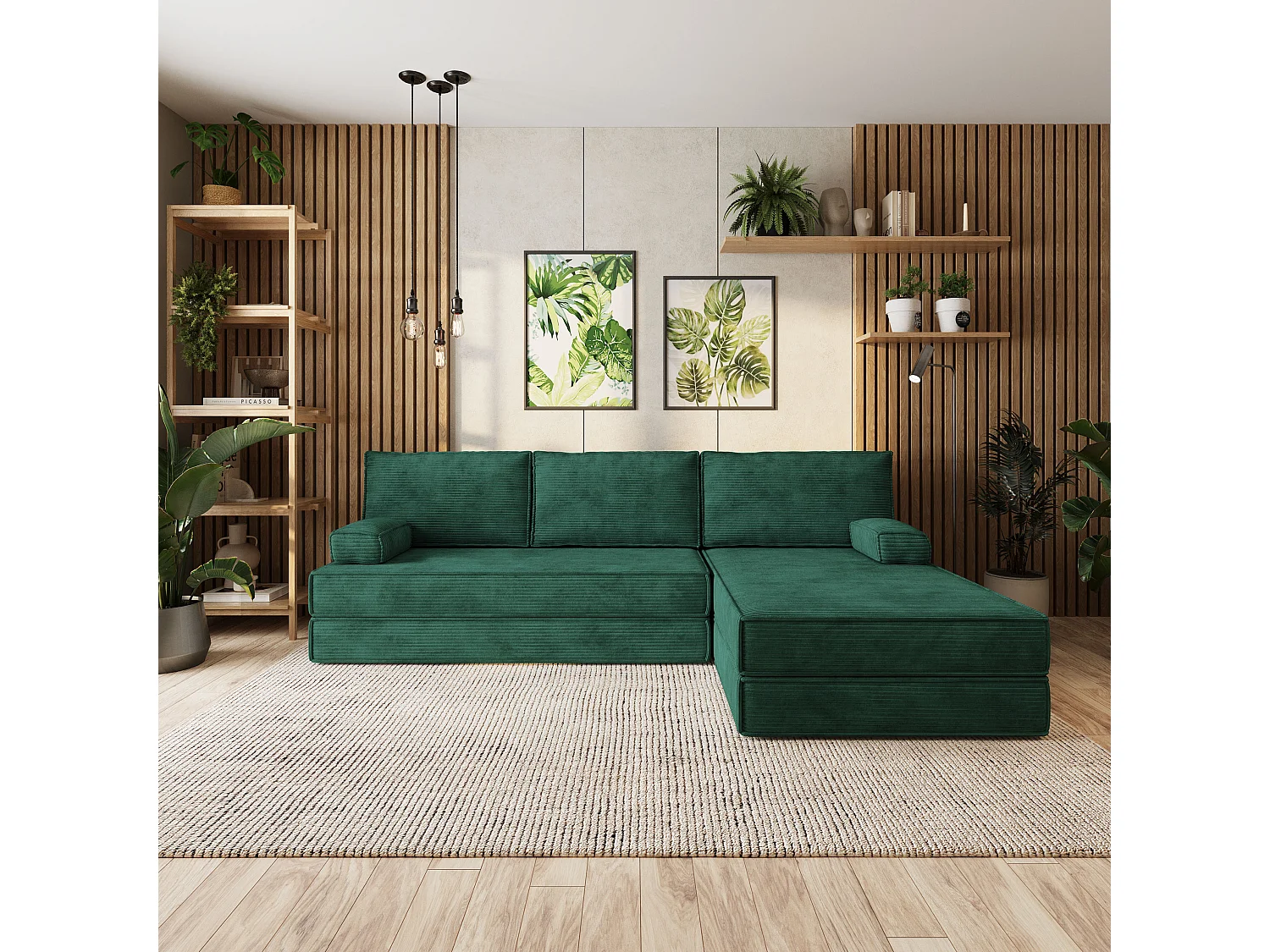 Canapé convertible compressé ANKO, sans cadre métallique, velours côtelé POSO Vert