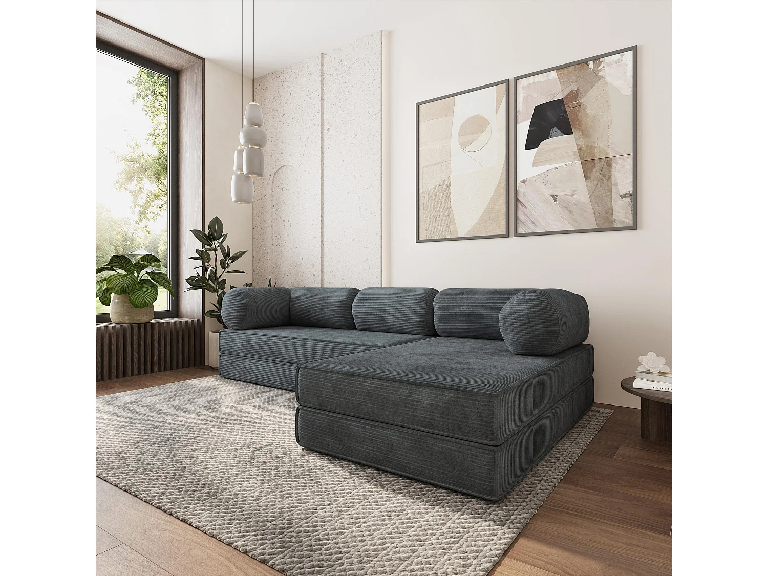 Canapé convertible compressé ETERA, sans cadre métallique, velours côtelé POSO Gris