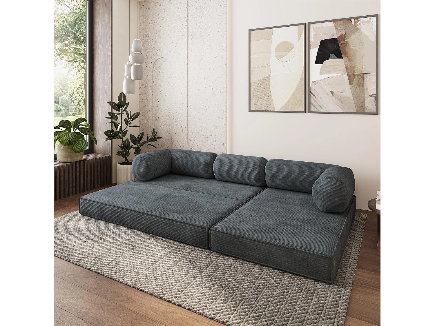 Canapé convertible compressé ETERA, sans cadre métallique, velours côtelé POSO Gris