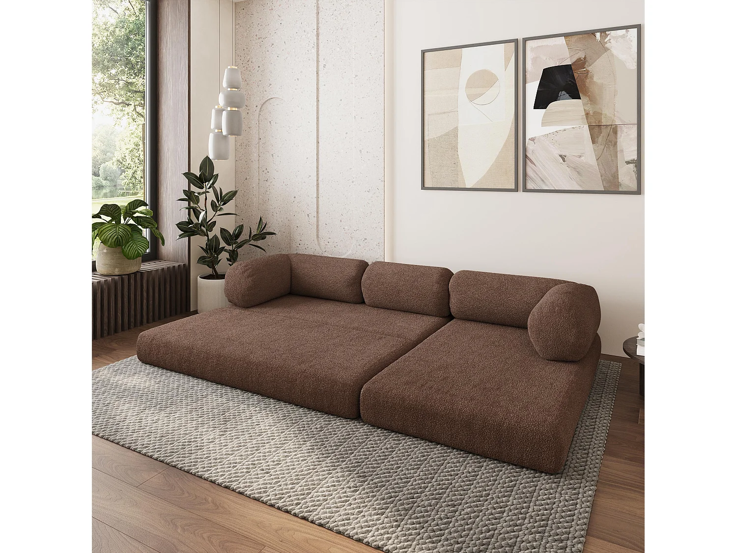 Canapé convertible compressé KELI, sans cadre métallique, bouclé Marron