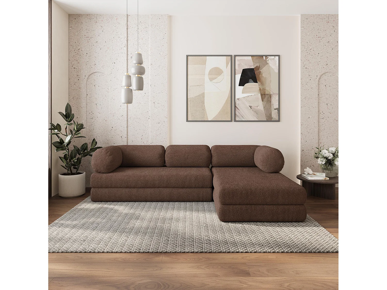 Canapé convertible compressé KELI, sans cadre métallique, bouclé Marron