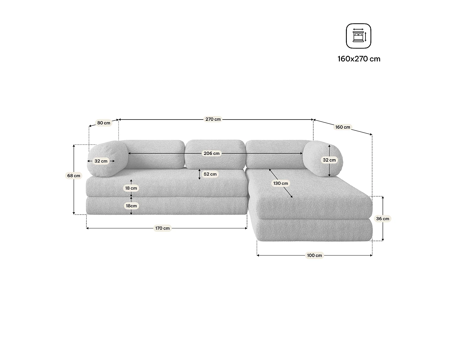 Canapé convertible compressé KELI, sans cadre métallique, bouclé Marron