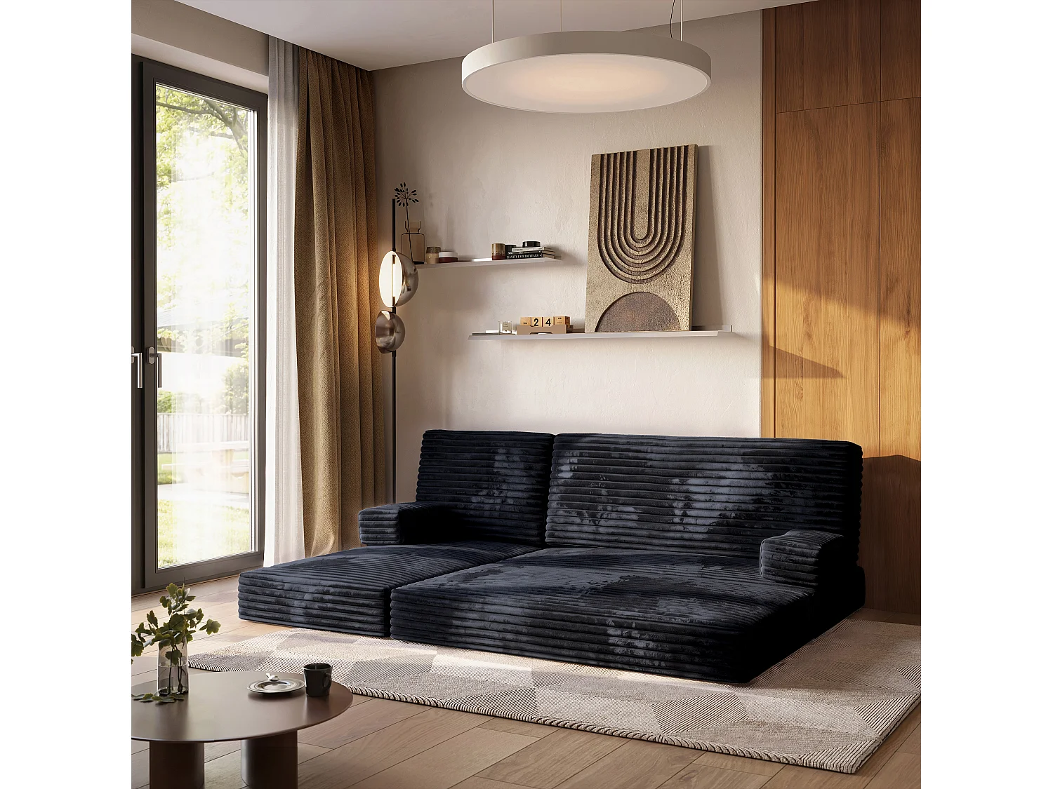 Canapé convertible compressé NOTIA, avec cadre métallique, velours côtelé TILIA Noir