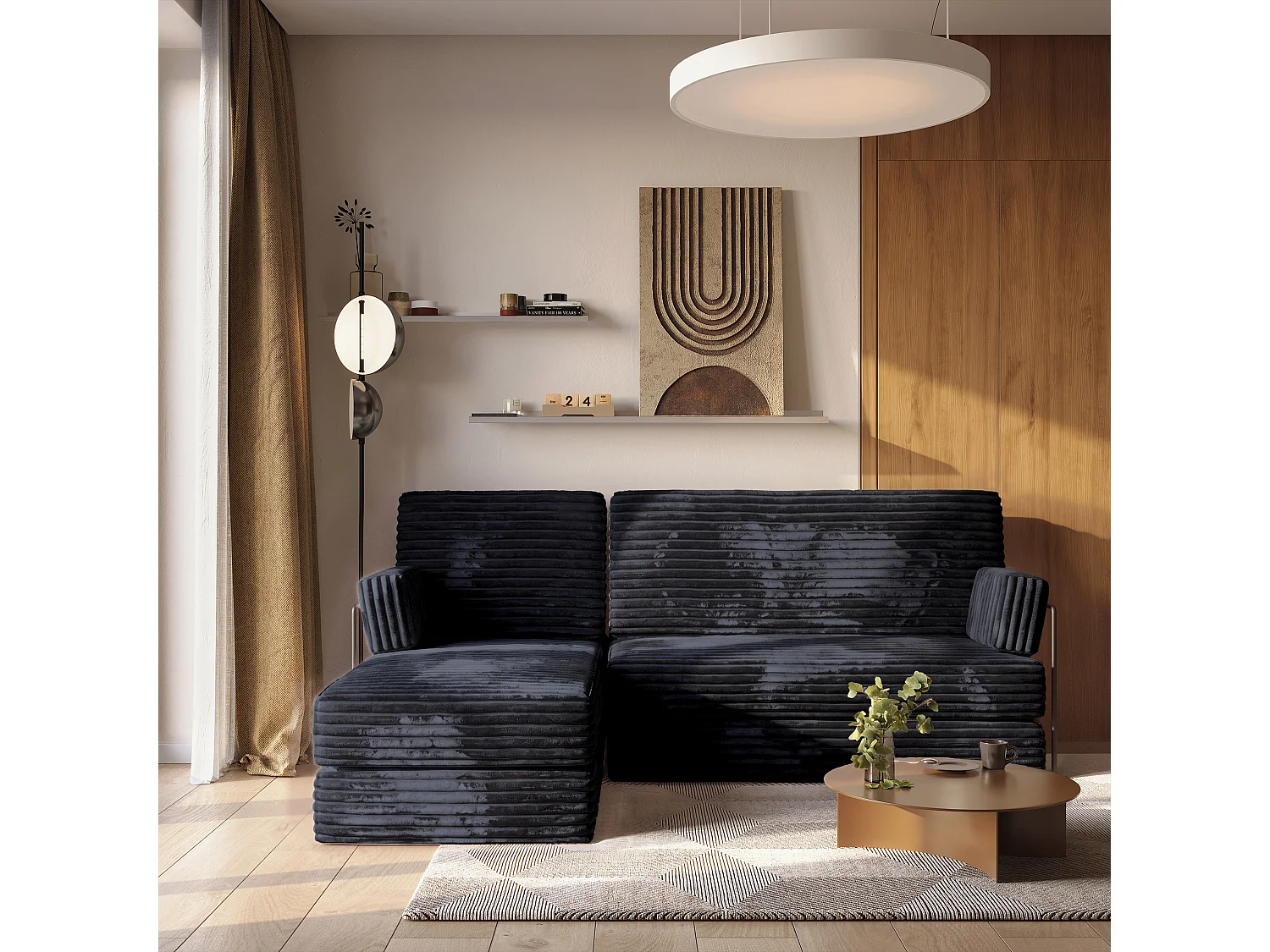 Canapé convertible compressé NOTIA, avec cadre métallique, velours côtelé TILIA Noir