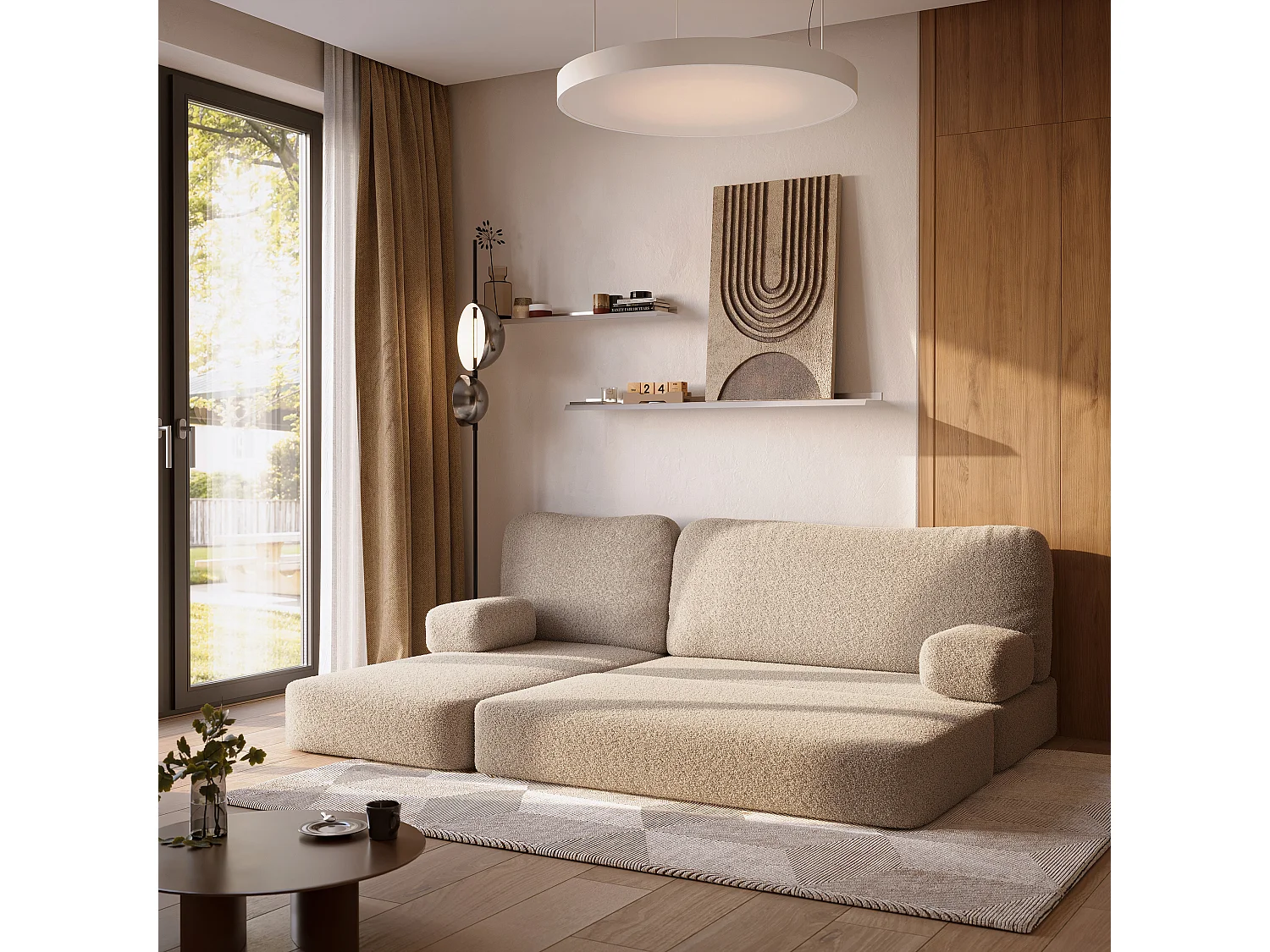 Canapé convertible compressé SABI, avec cadre métallique, bouclé Beige