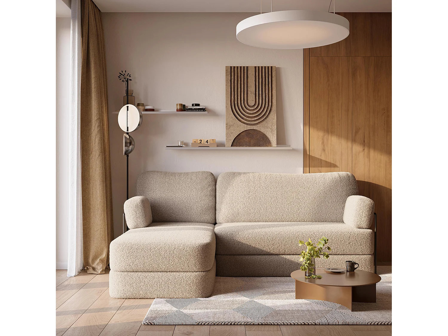Canapé convertible compressé SABI, avec cadre métallique, bouclé Beige