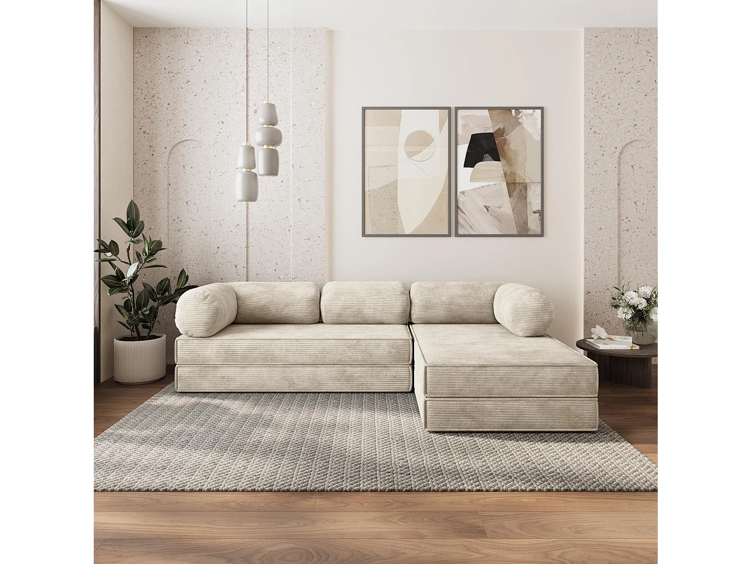 Canapé convertible compressé ETERA, sans cadre métallique, velours côtelé POSO Crème