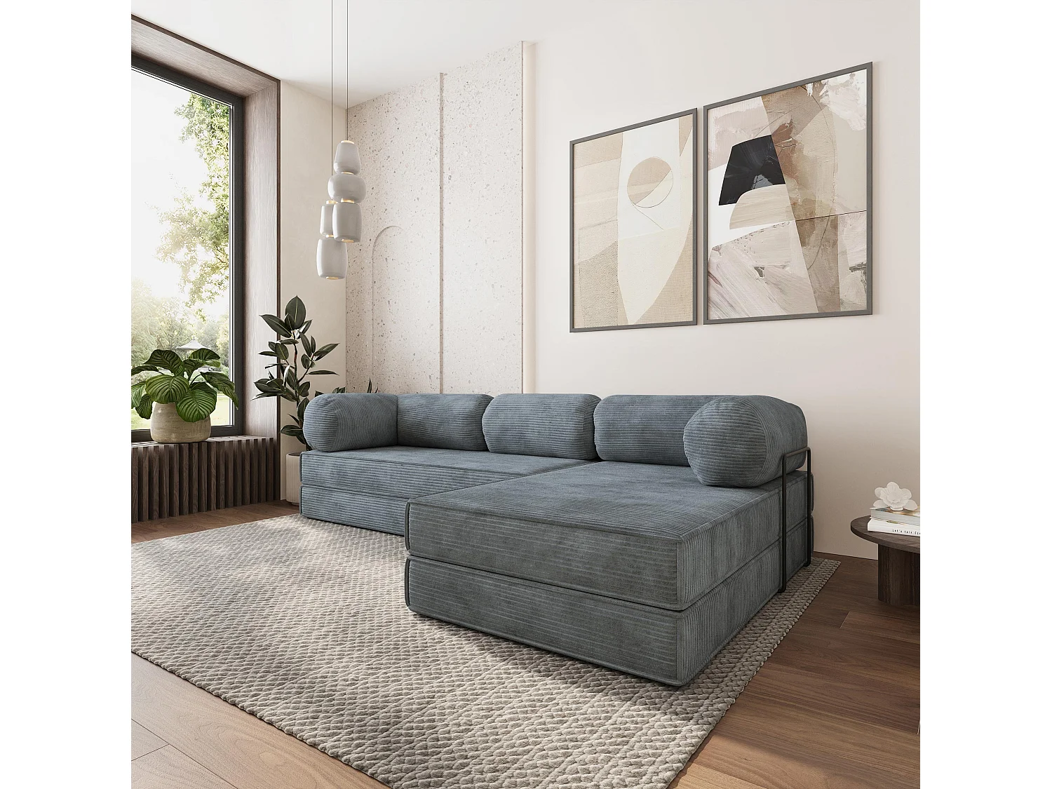 Canapé convertible compressé ETERA, avec cadre métallique, velours côtelé POSO Gris