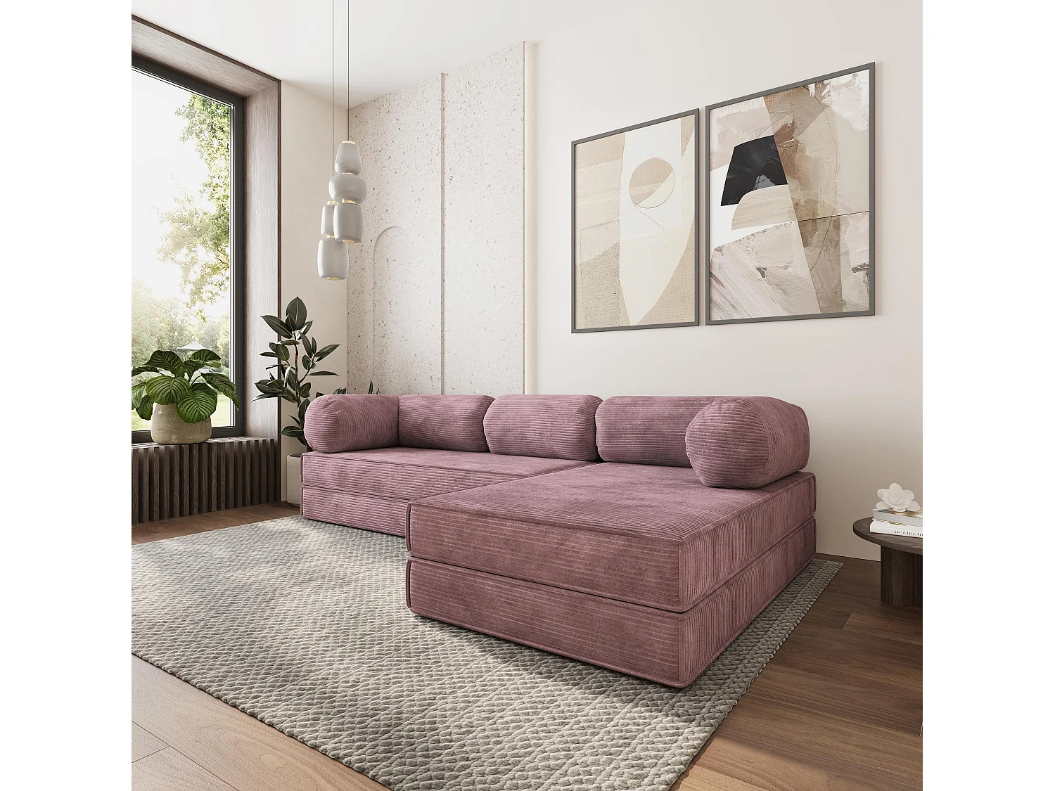 Canapé convertible compressé ETERA, sans cadre métallique, velours côtelé POSO Violet