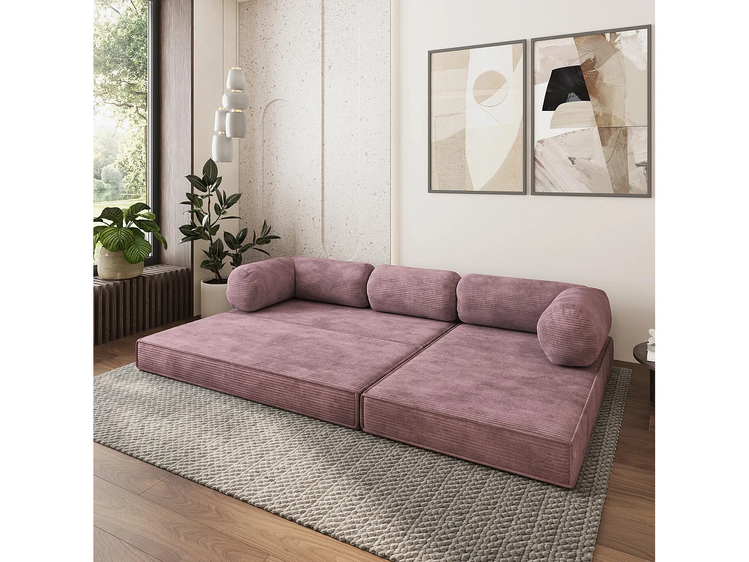 Canapé convertible compressé ETERA, sans cadre métallique, velours côtelé POSO Violet