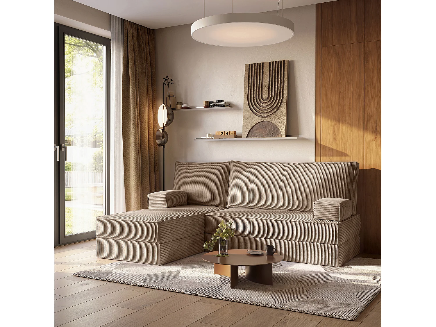 Canapé convertible compressé NOTIA, sans cadre métallique, velours côtelé POSO Beige