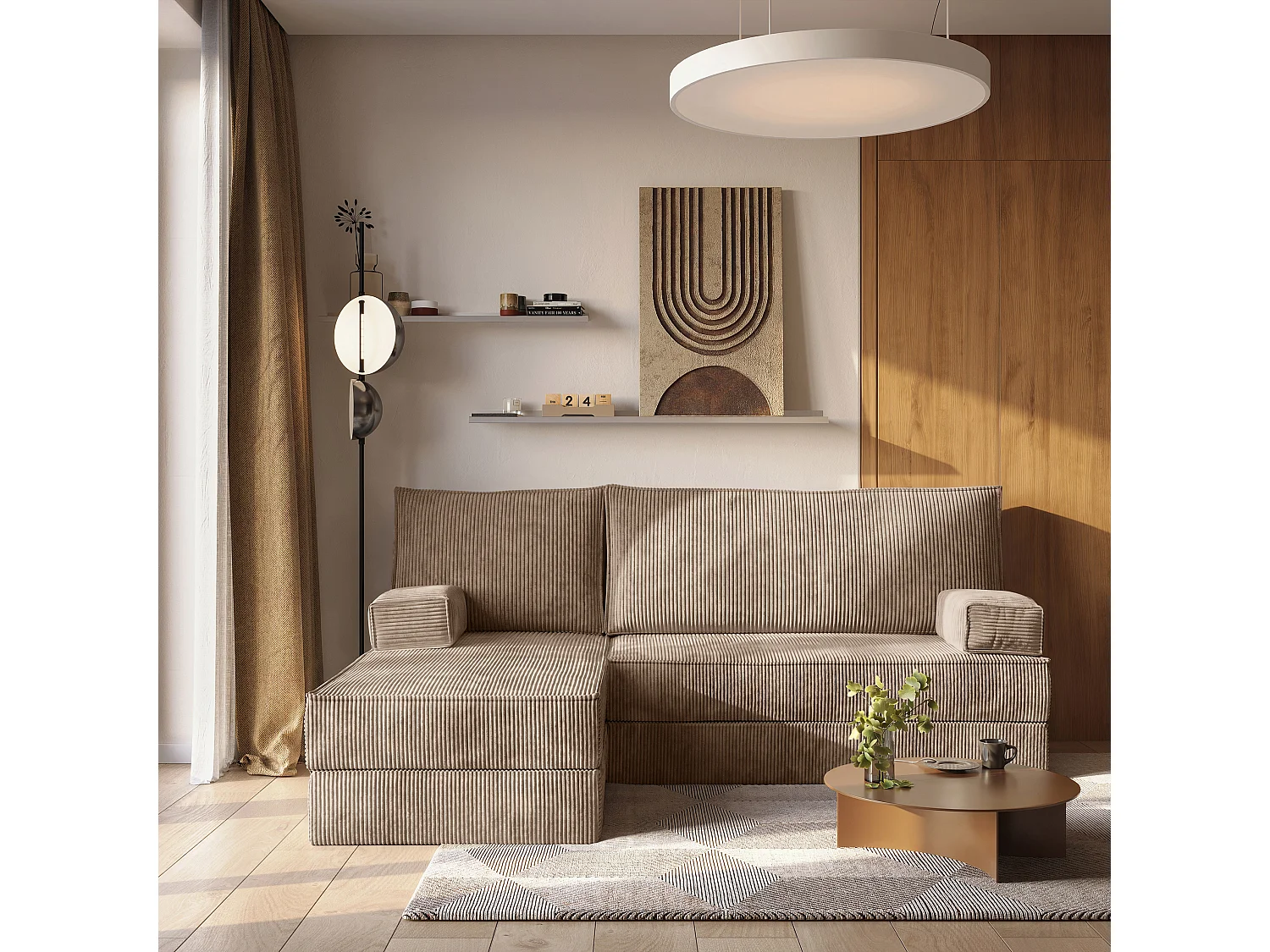 Canapé convertible compressé NOTIA, sans cadre métallique, velours côtelé POSO Beige