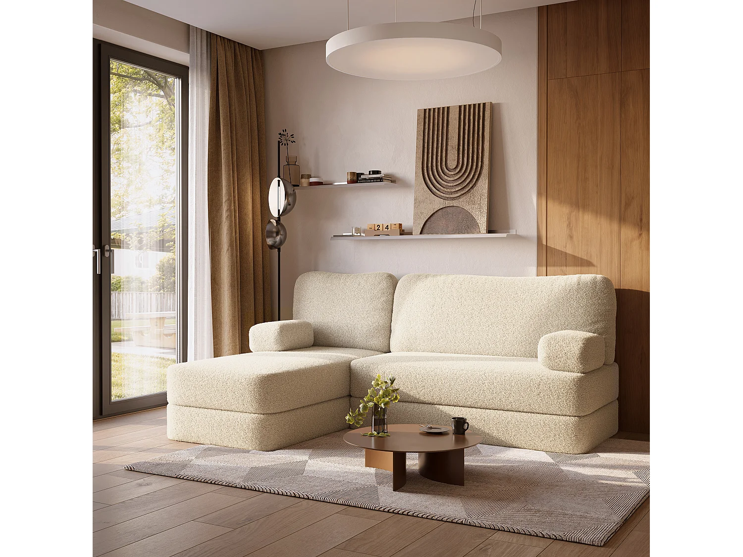 Canapé convertible compressé SABI, sans cadre métallique, bouclé Crème