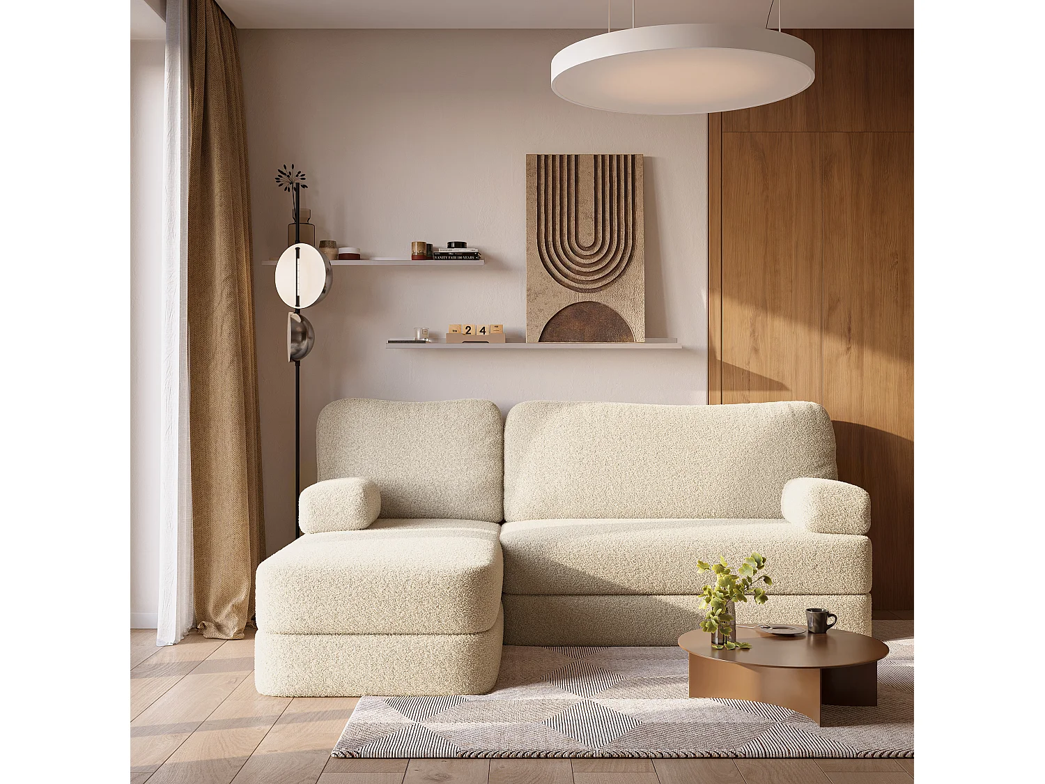 Canapé convertible compressé SABI, sans cadre métallique, bouclé Crème